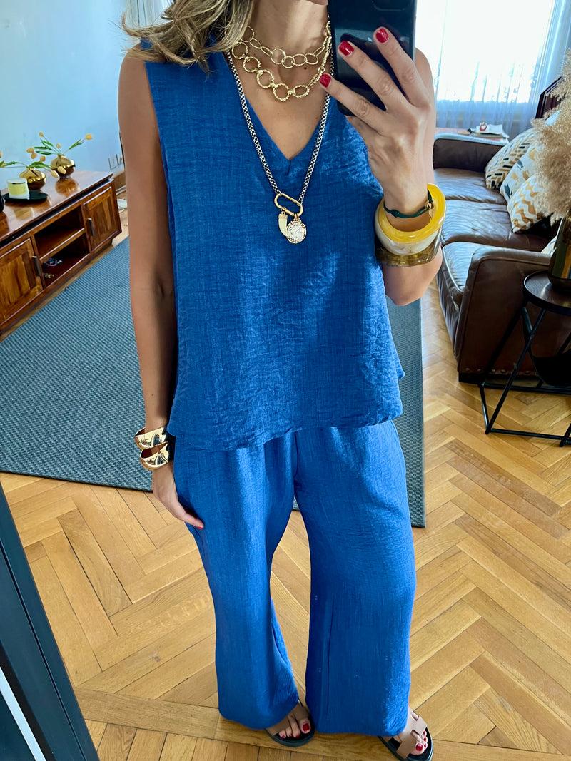Blue 2 Pieces Sleeveless Set