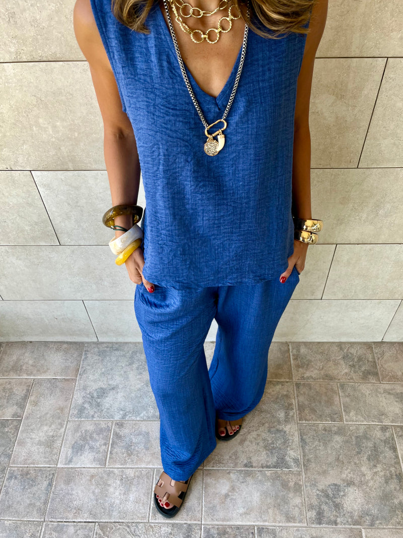 Blue 2 Pieces Sleeveless Set