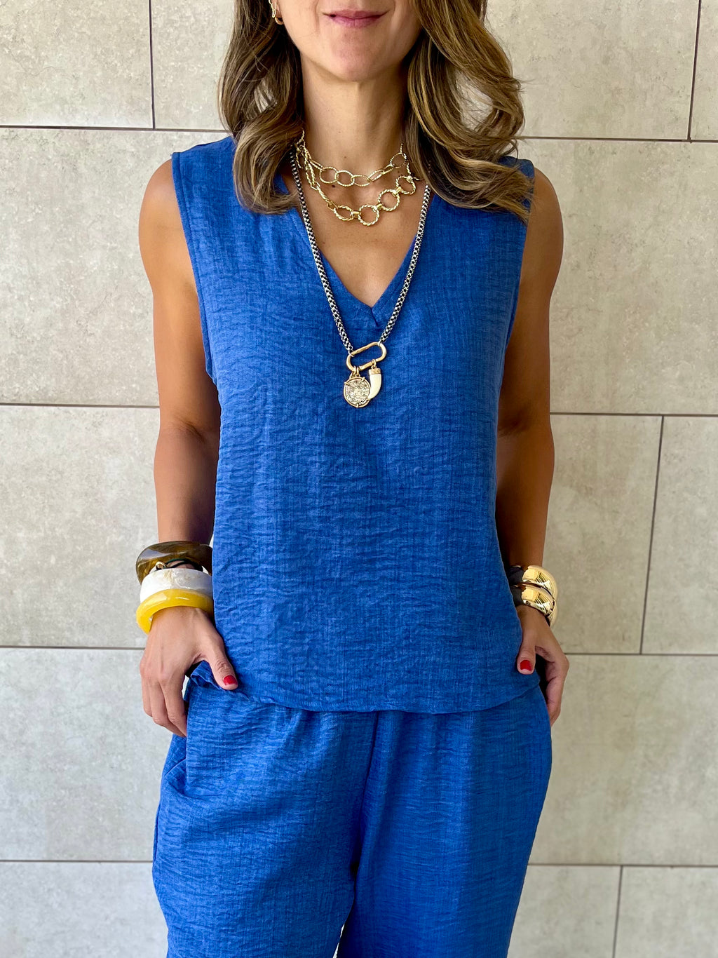 Blue 2 Pieces Sleeveless Set