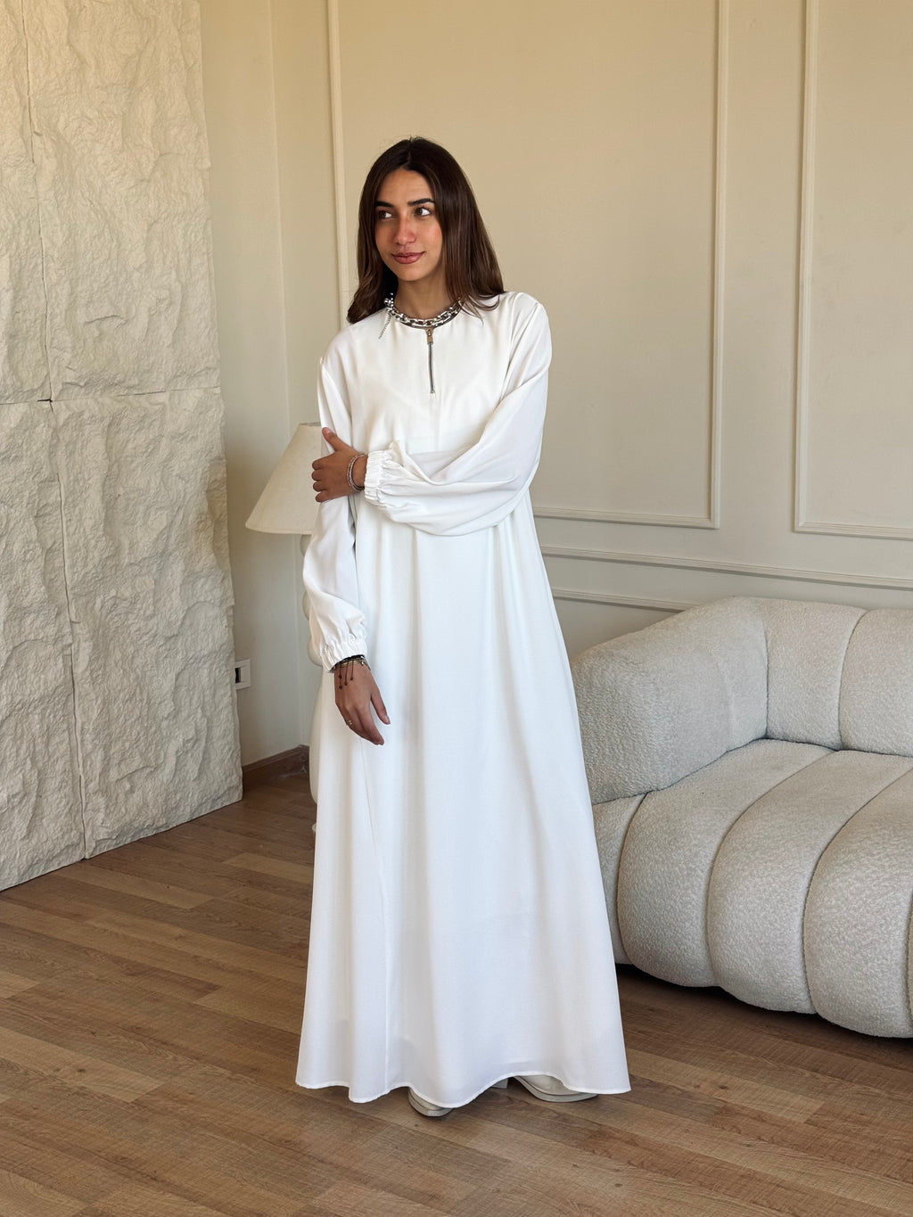 White Long Zip Up Dress