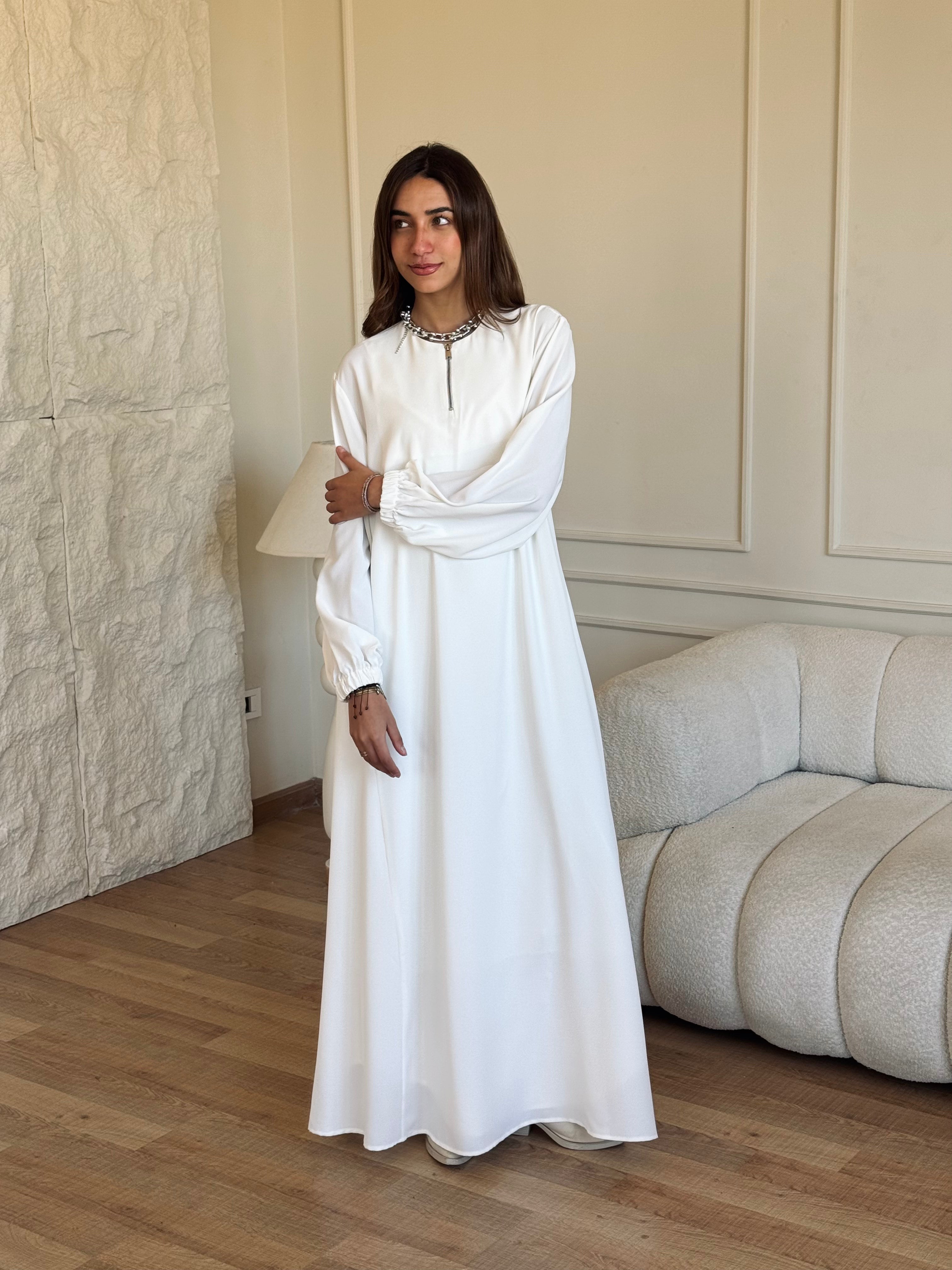 White Long Zip Up Dress