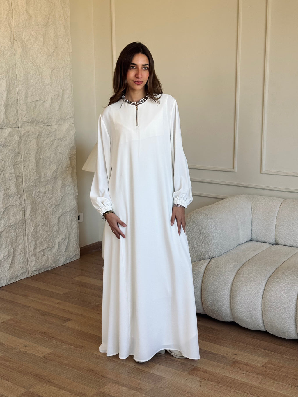 White Long Zip Up Dress