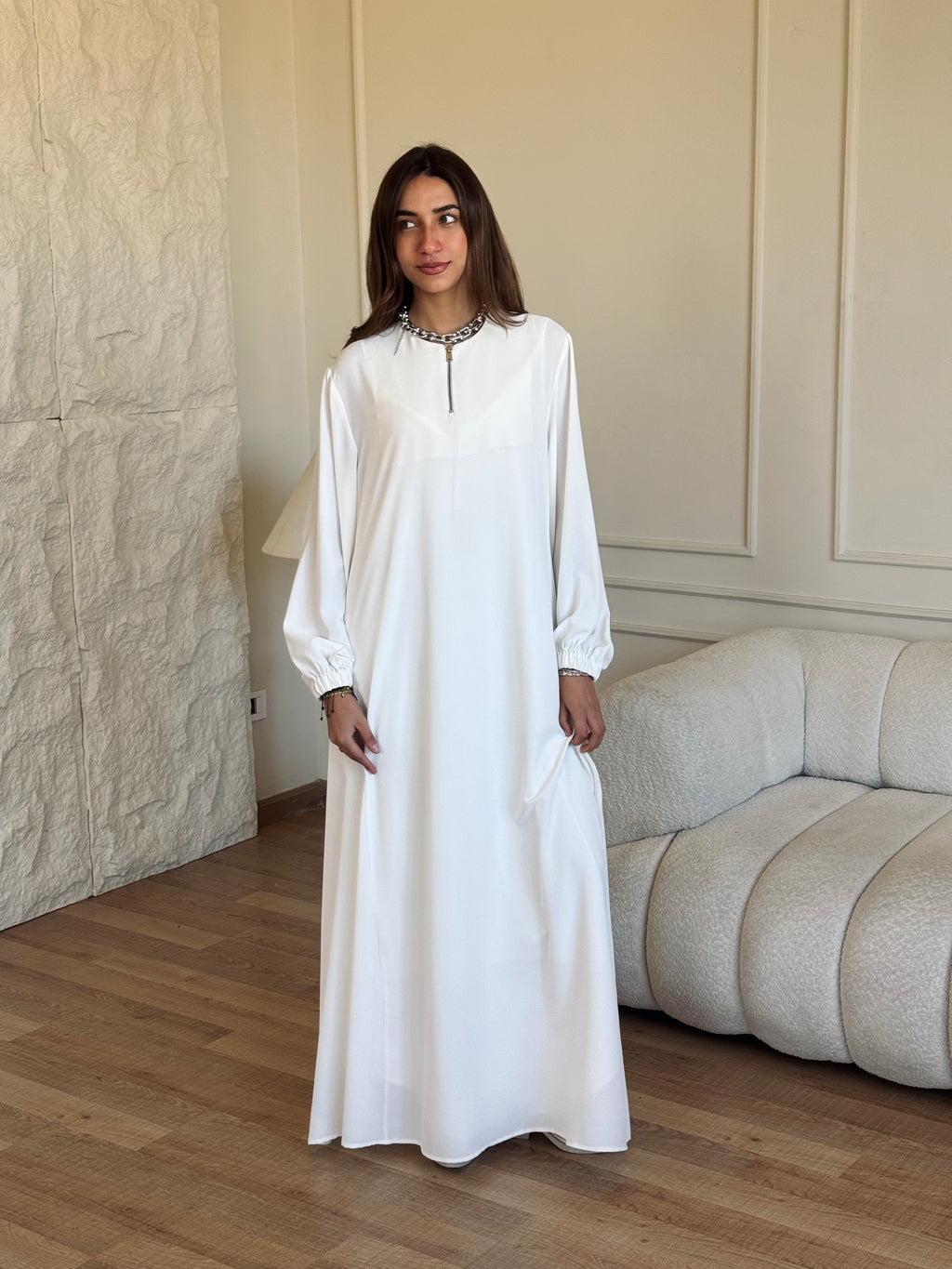 White Long Zip Up Dress