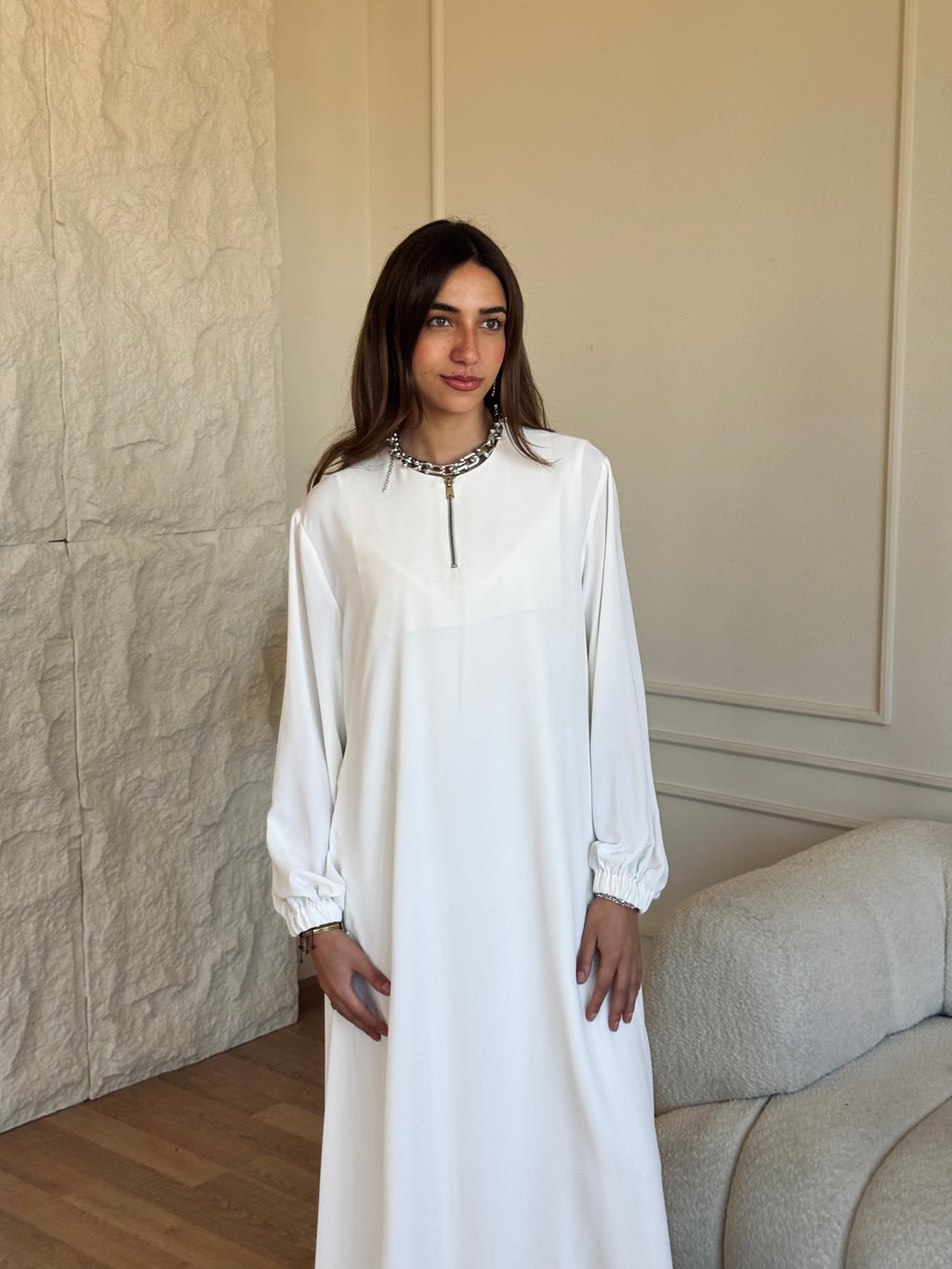 White Long Zip Up Dress