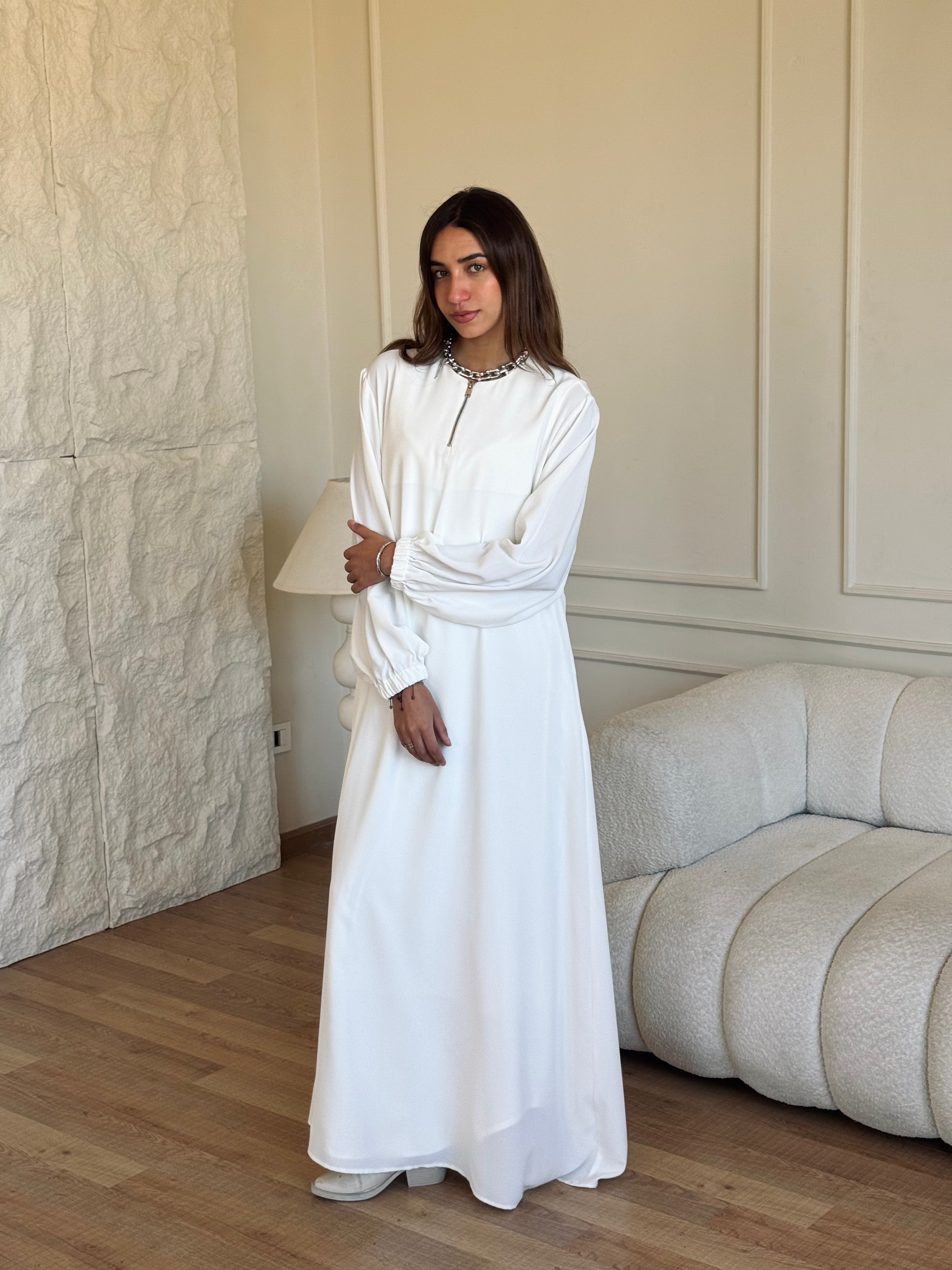 White Long Zip Up Dress