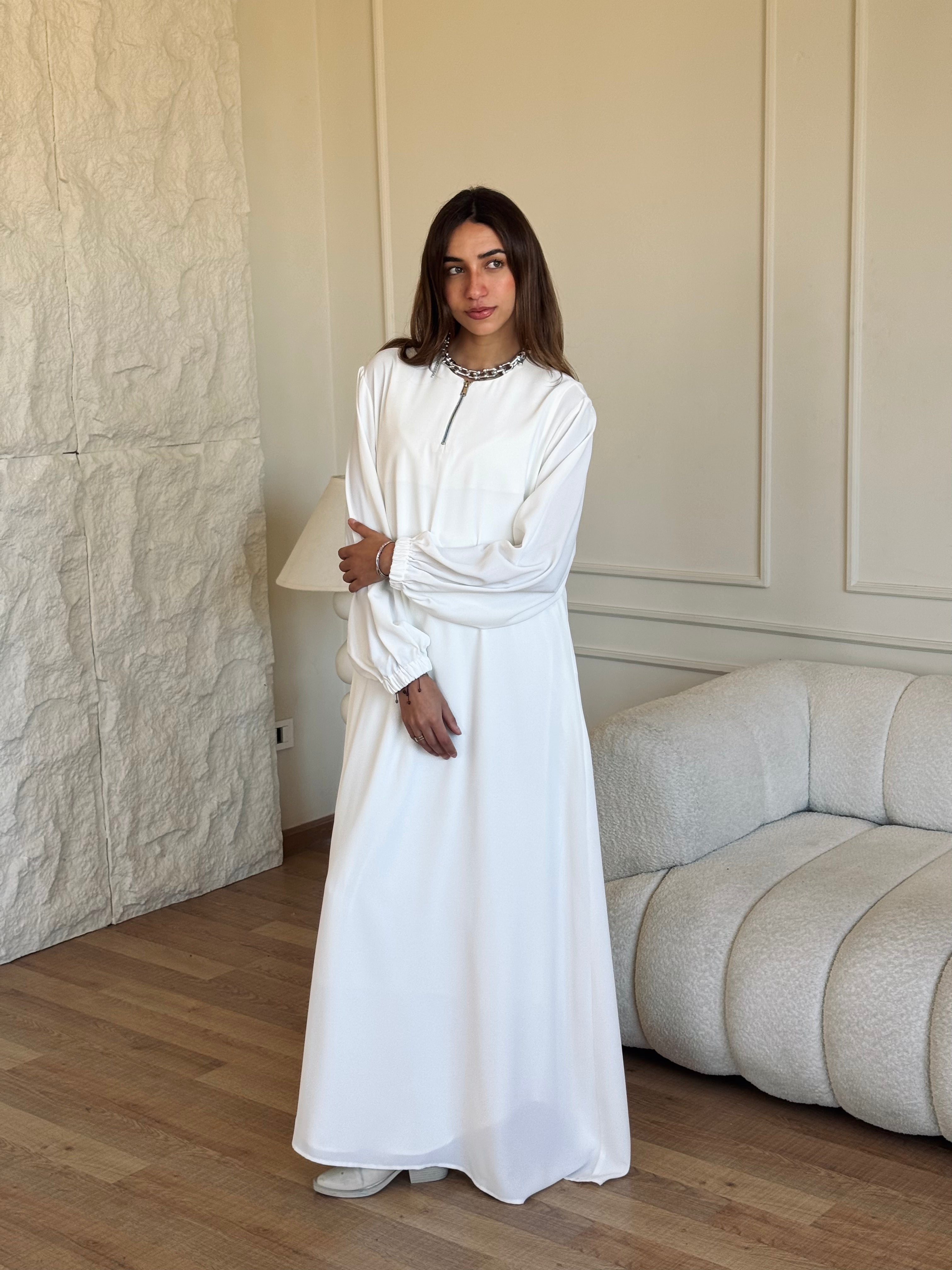 White Long Zip Up Dress