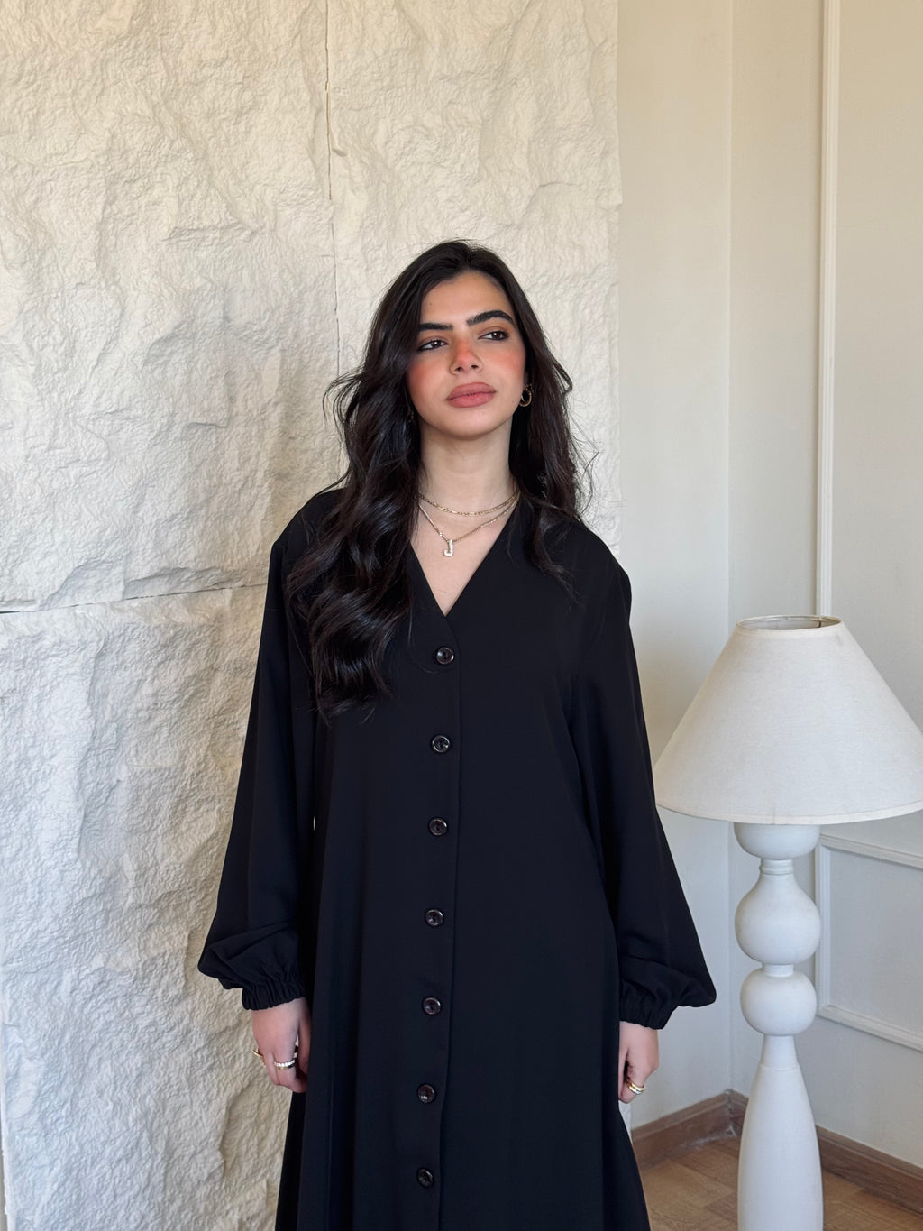 Black V Buttons Dress