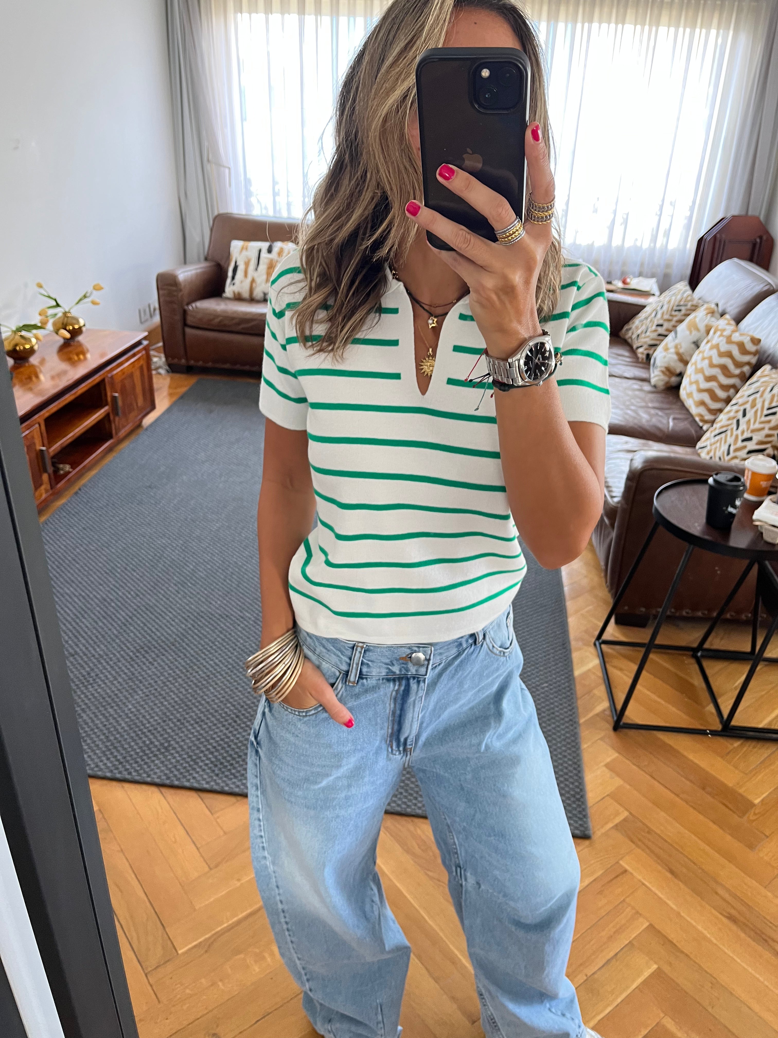 White Striped Cropped Polo