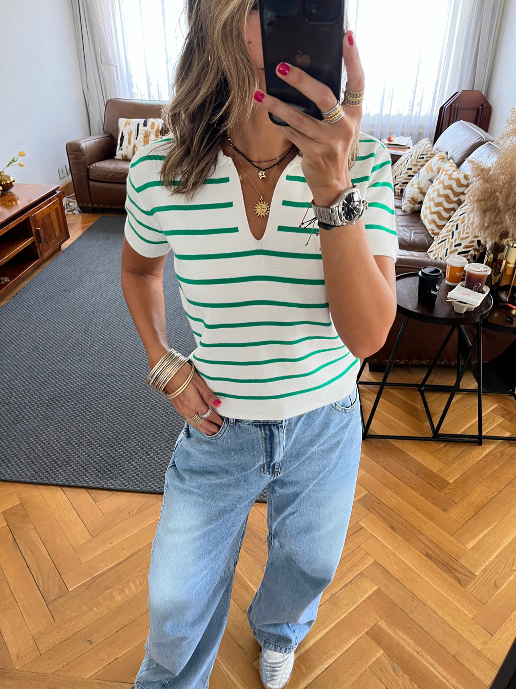 White Striped Cropped Polo