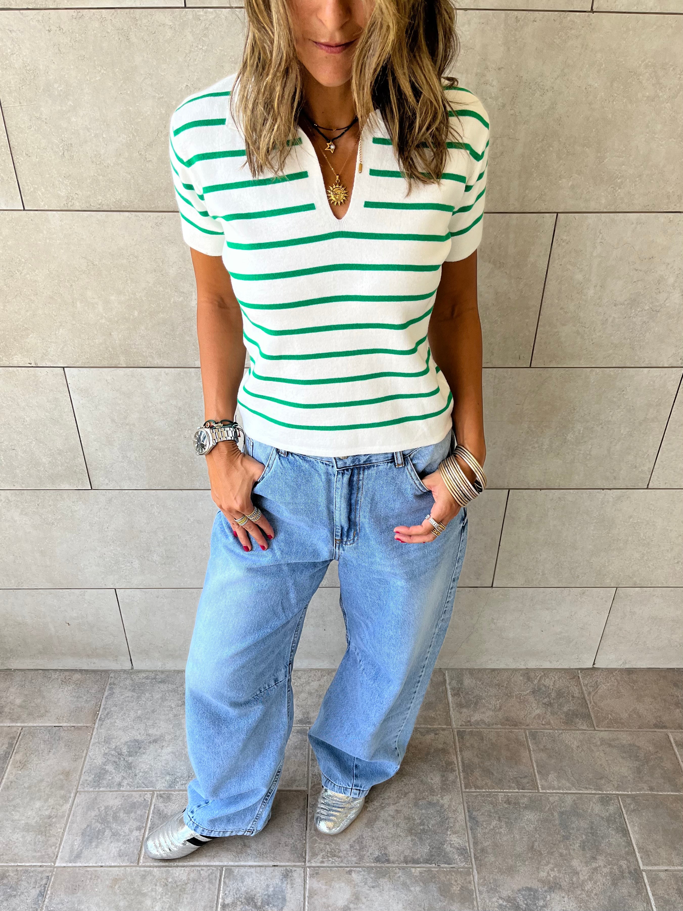 White Striped Cropped Polo