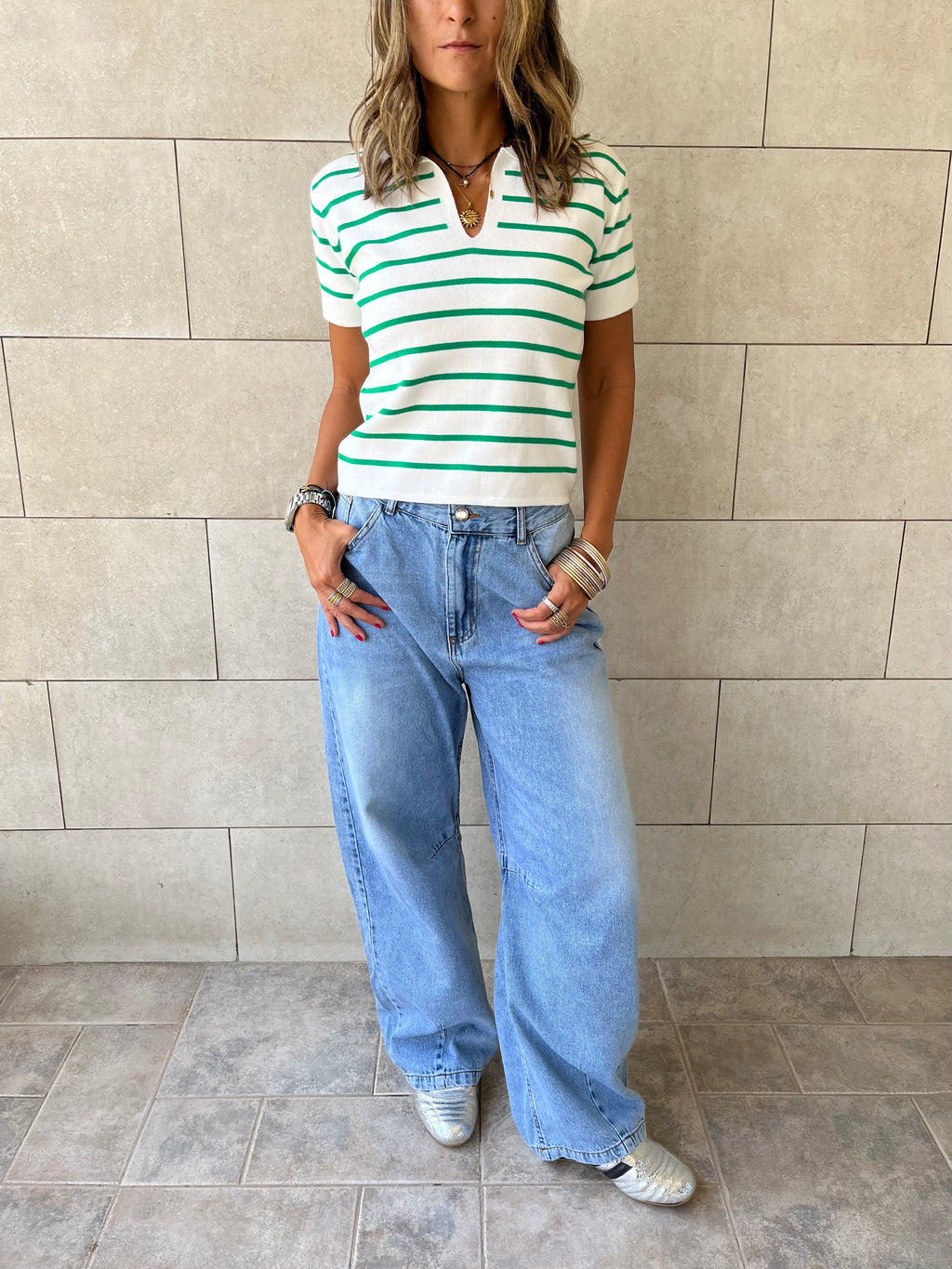 White Striped Cropped Polo
