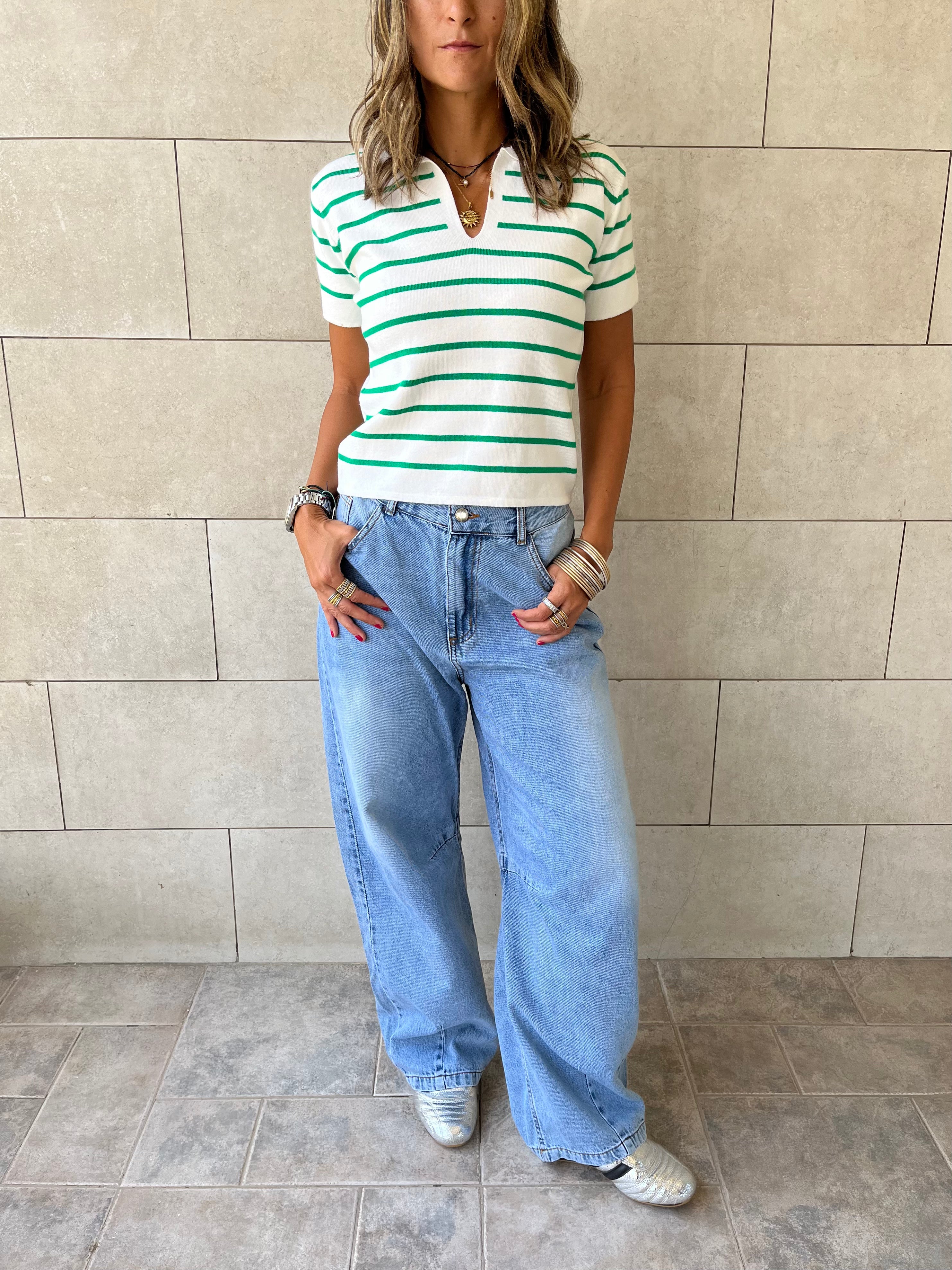 White Striped Cropped Polo