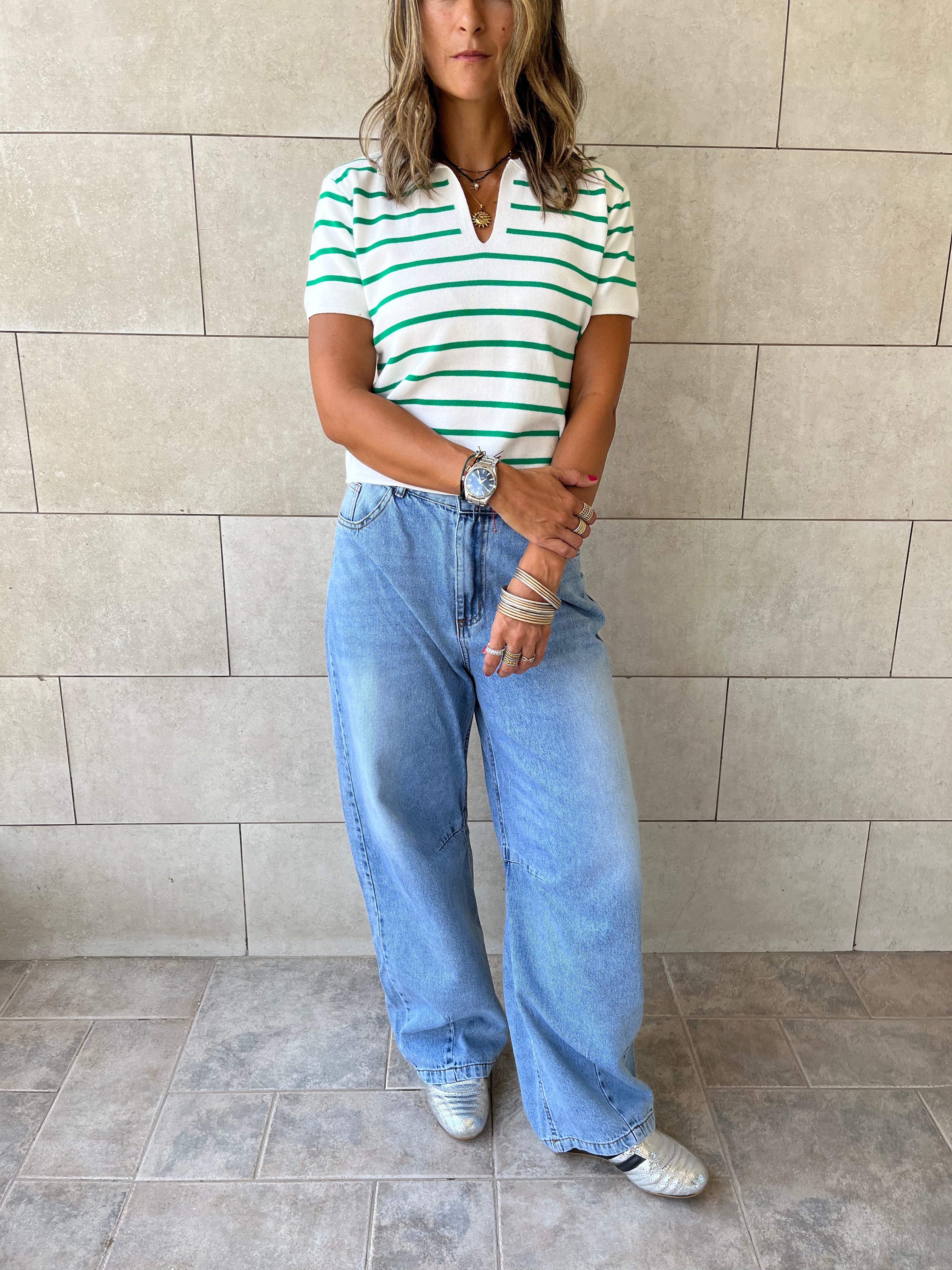 White Striped Cropped Polo