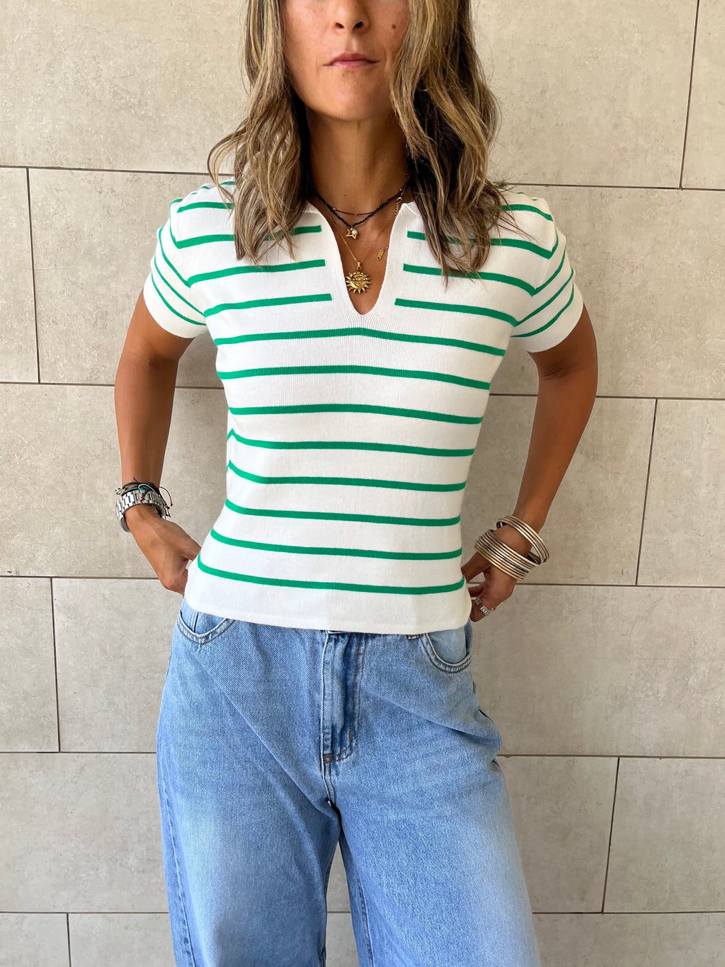White Striped Cropped Polo