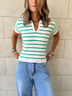 White Striped Cropped Polo