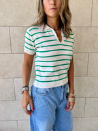 White Striped Cropped Polo