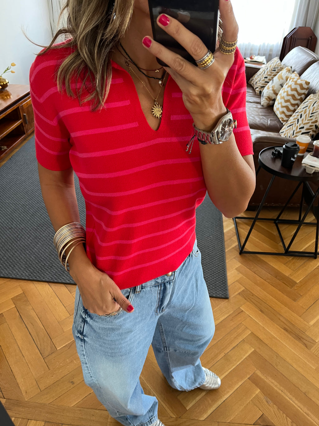 Red Striped Cropped Polo