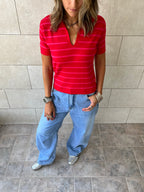 Red Striped Cropped Polo