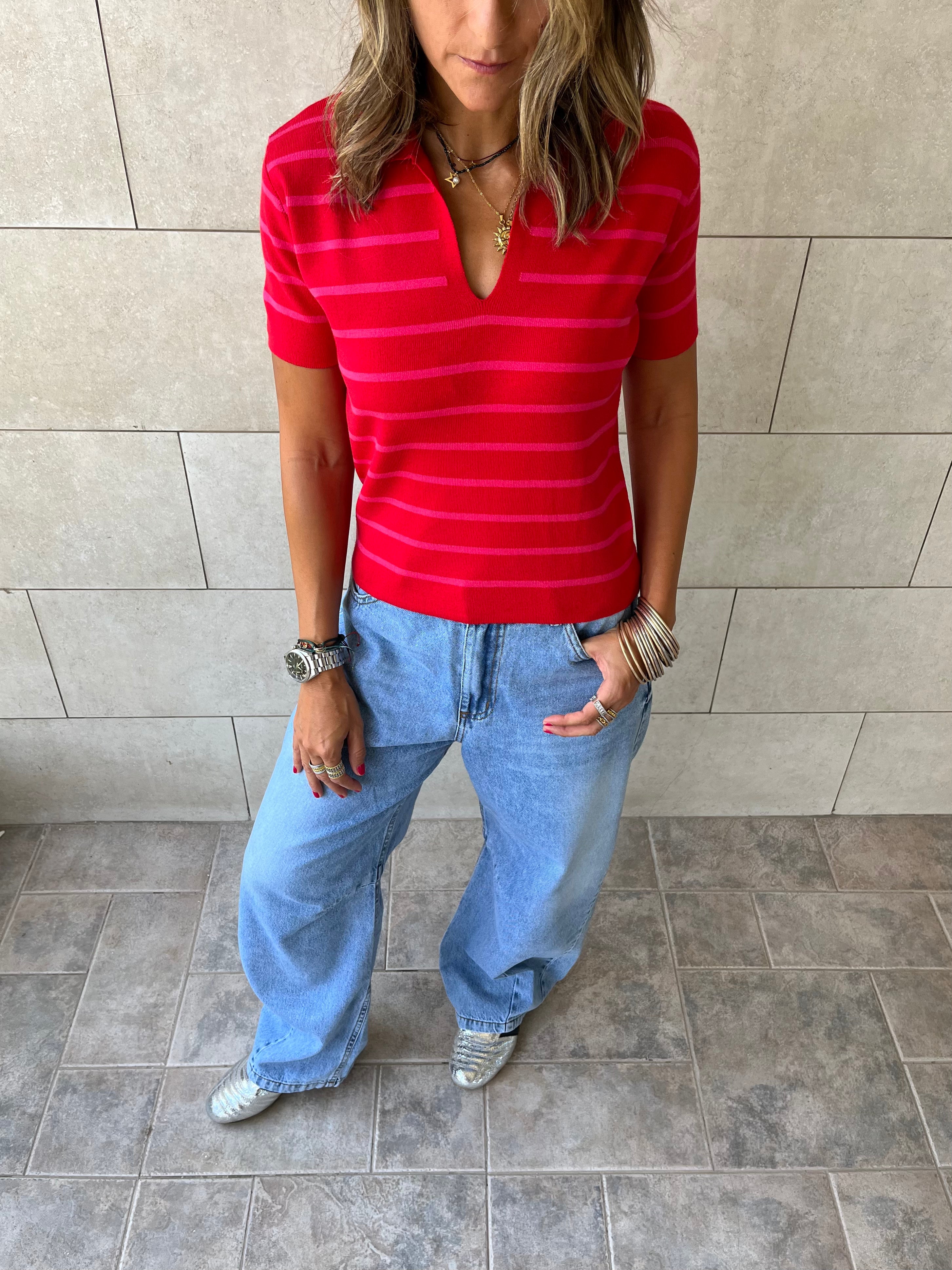 Red Striped Cropped Polo