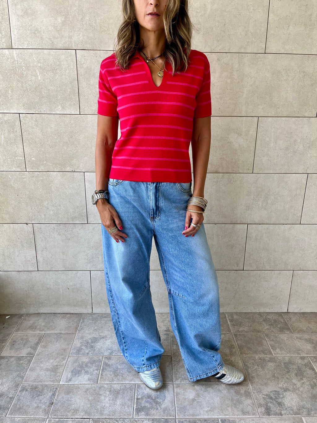 Red Striped Cropped Polo
