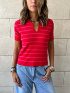 Red Striped Cropped Polo