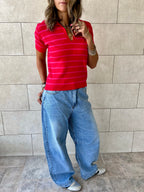 Red Striped Cropped Polo