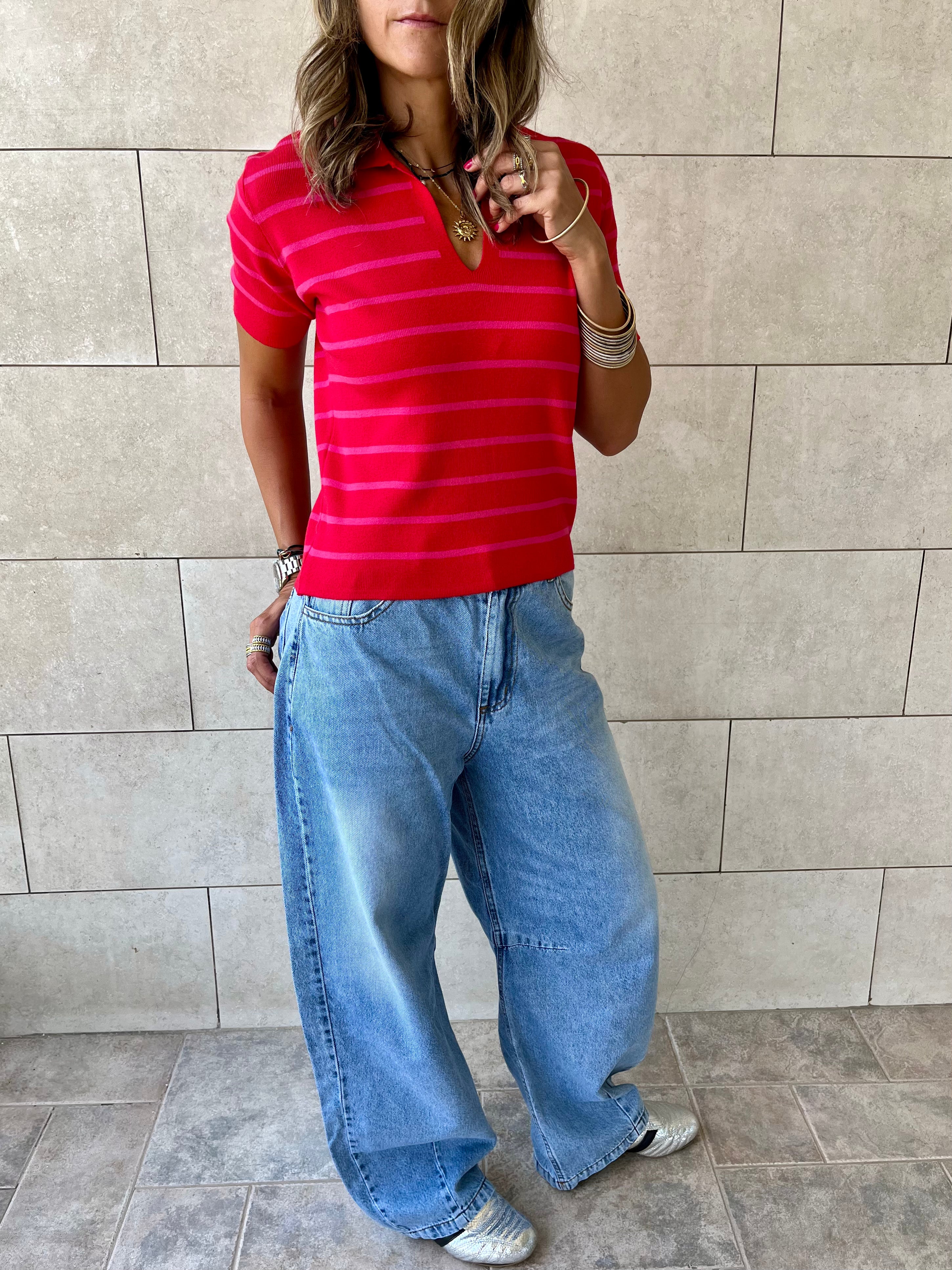 Red Striped Cropped Polo