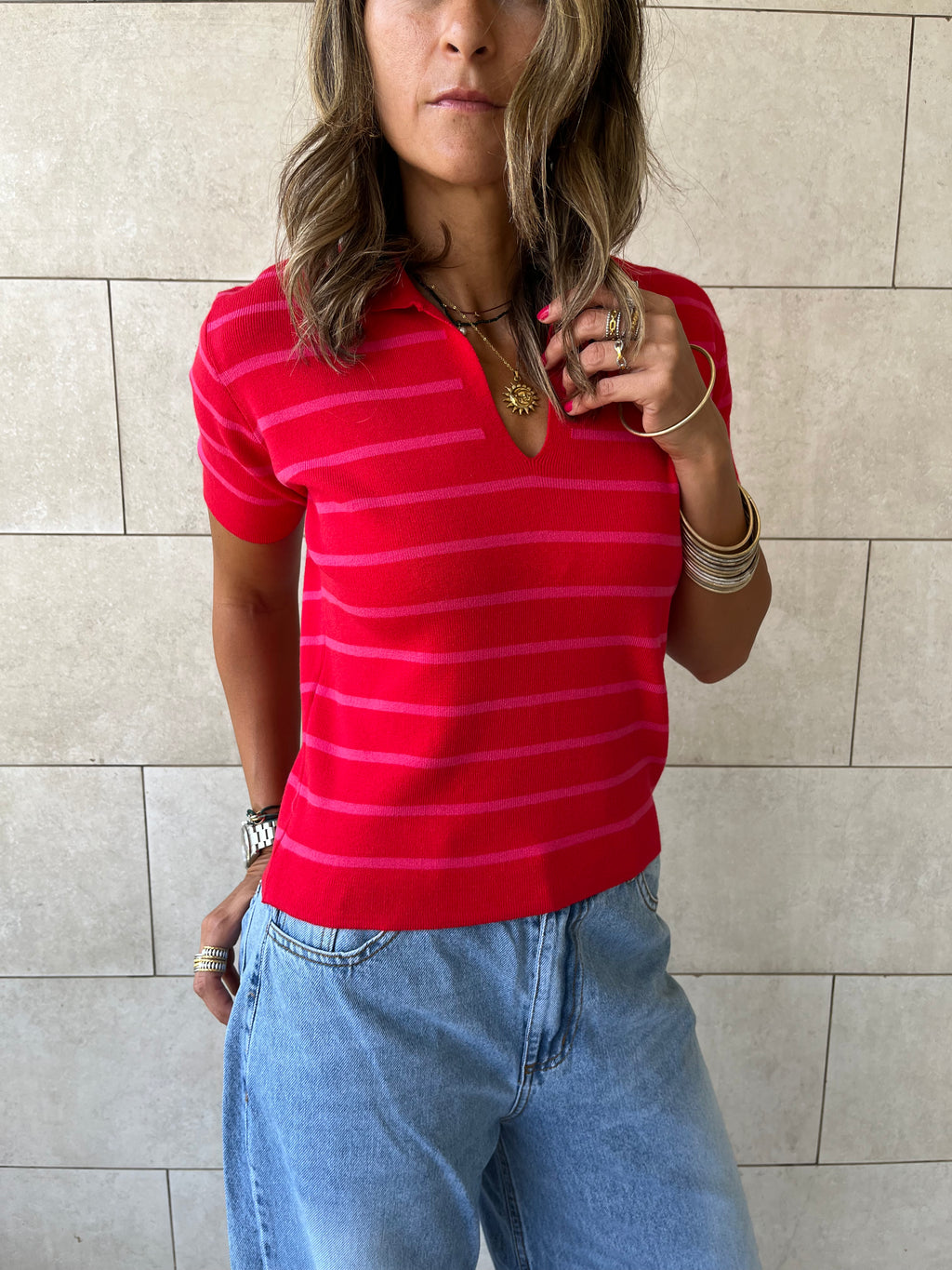 Red Striped Cropped Polo