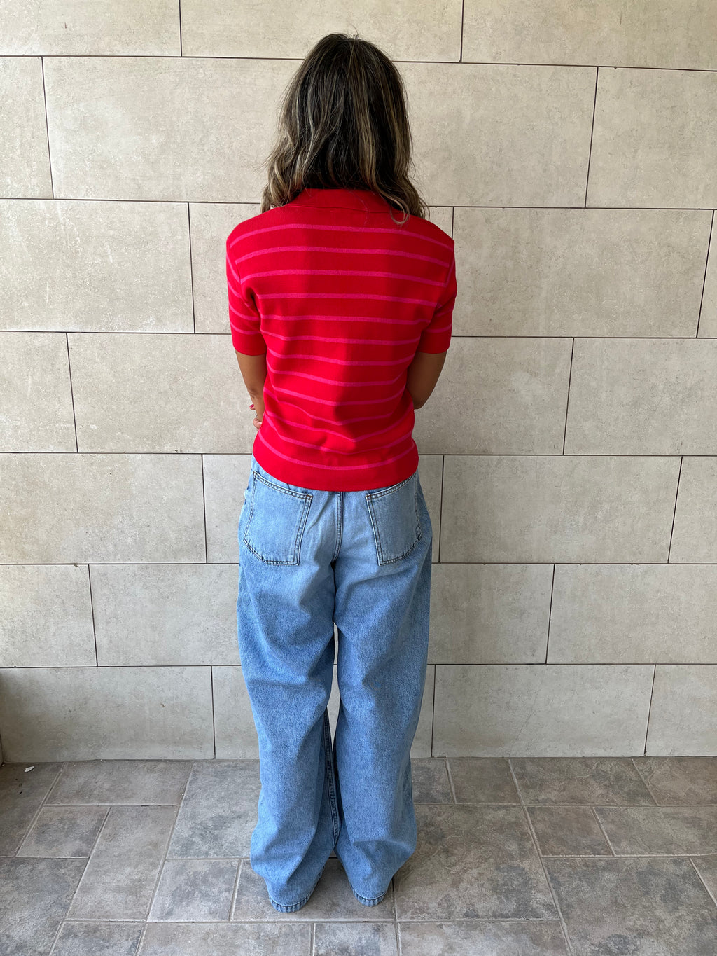 Red Striped Cropped Polo