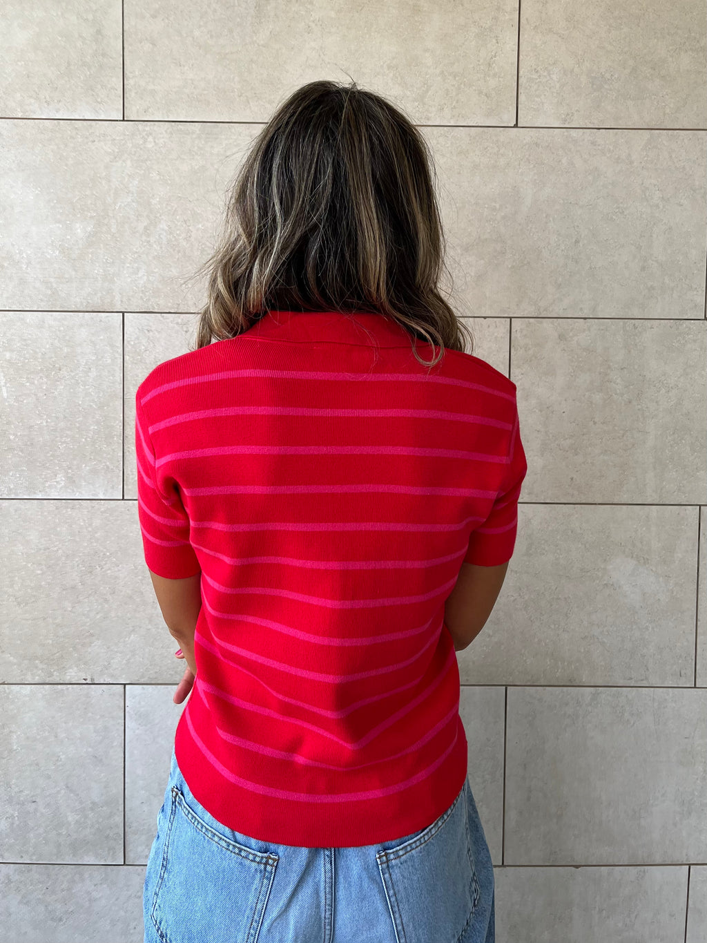 Red Striped Cropped Polo