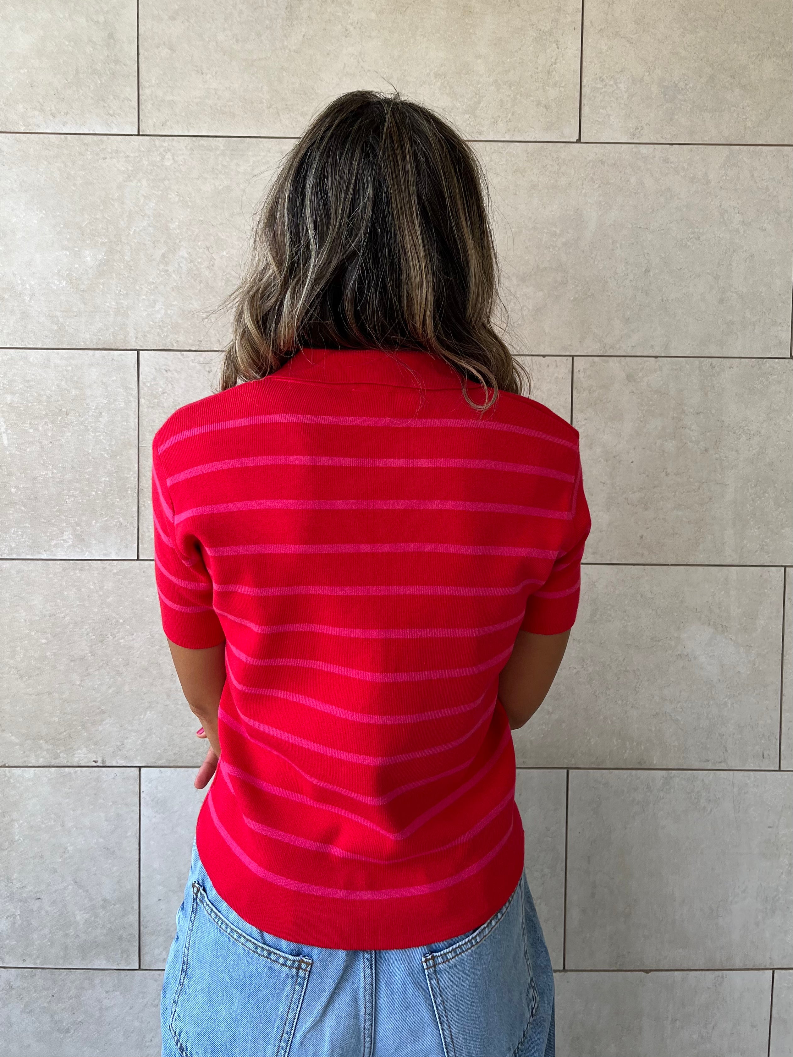 Red Striped Cropped Polo