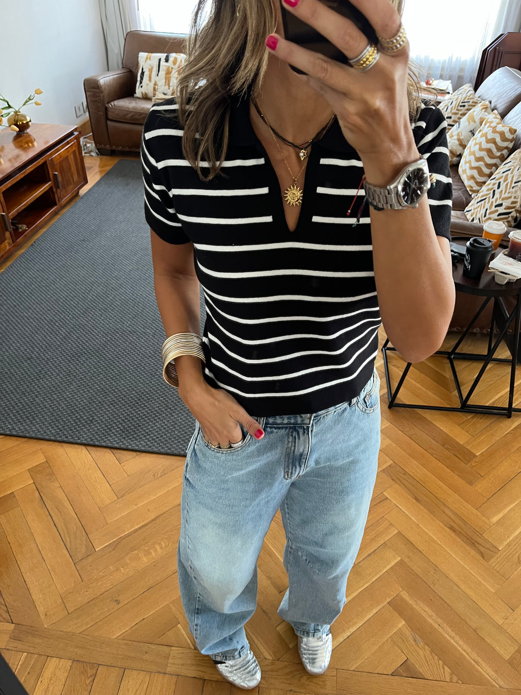 Black Striped Cropped Polo