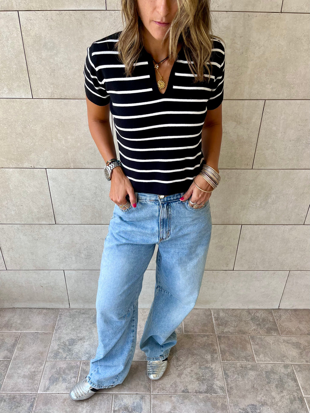 Black Striped Cropped Polo
