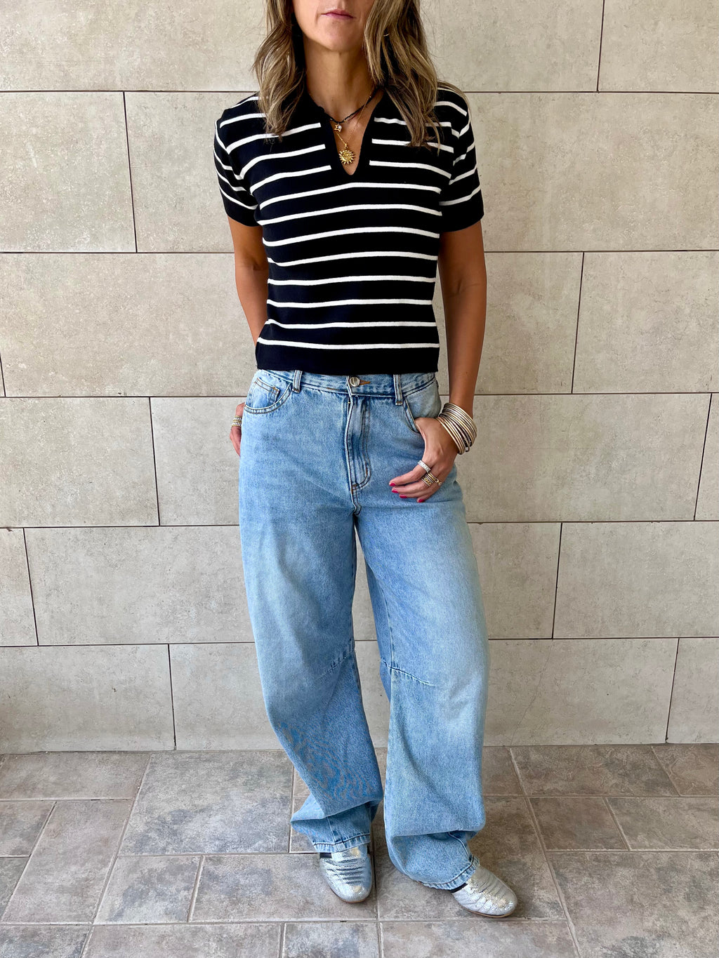 Black Striped Cropped Polo