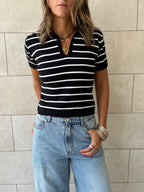Black Striped Cropped Polo