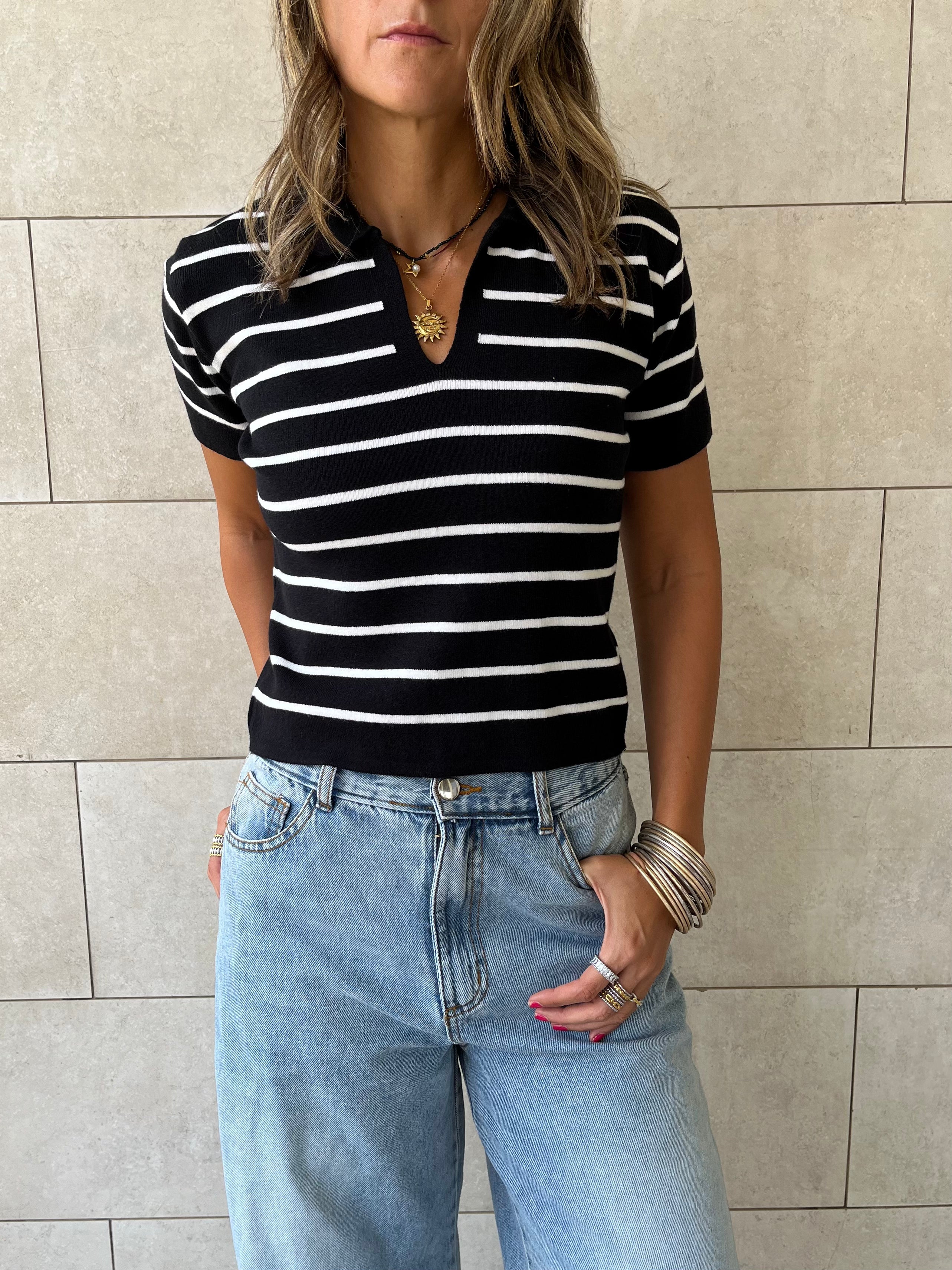 Black Striped Cropped Polo
