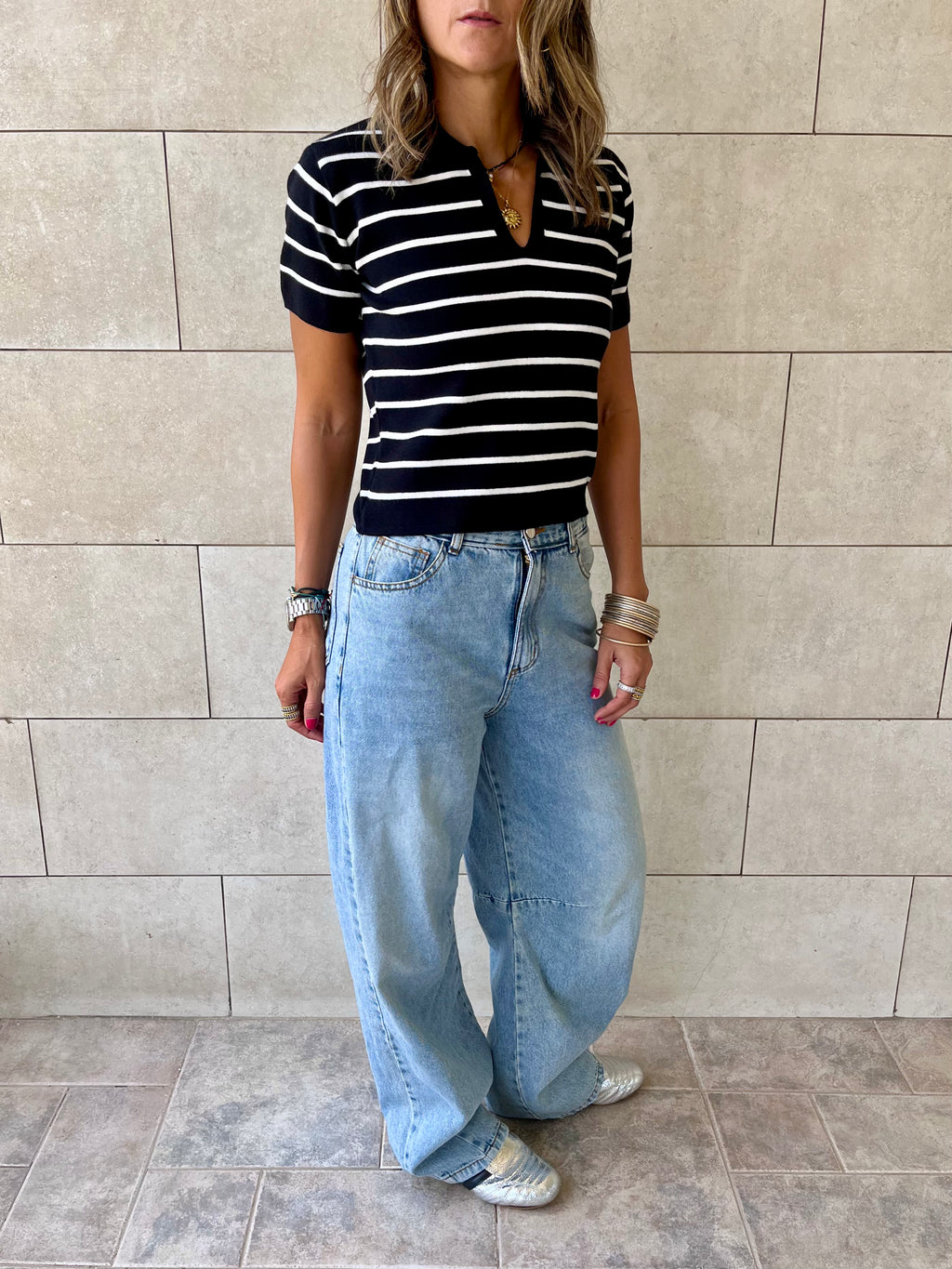 Black Striped Cropped Polo