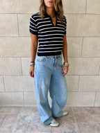 Black Striped Cropped Polo
