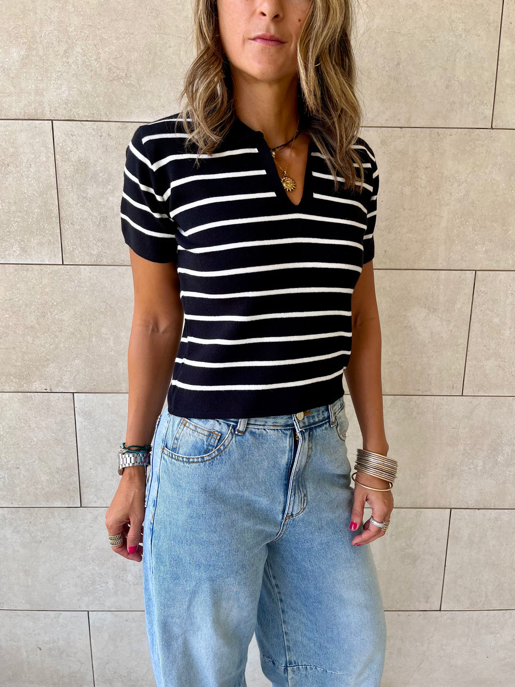 Black Striped Cropped Polo