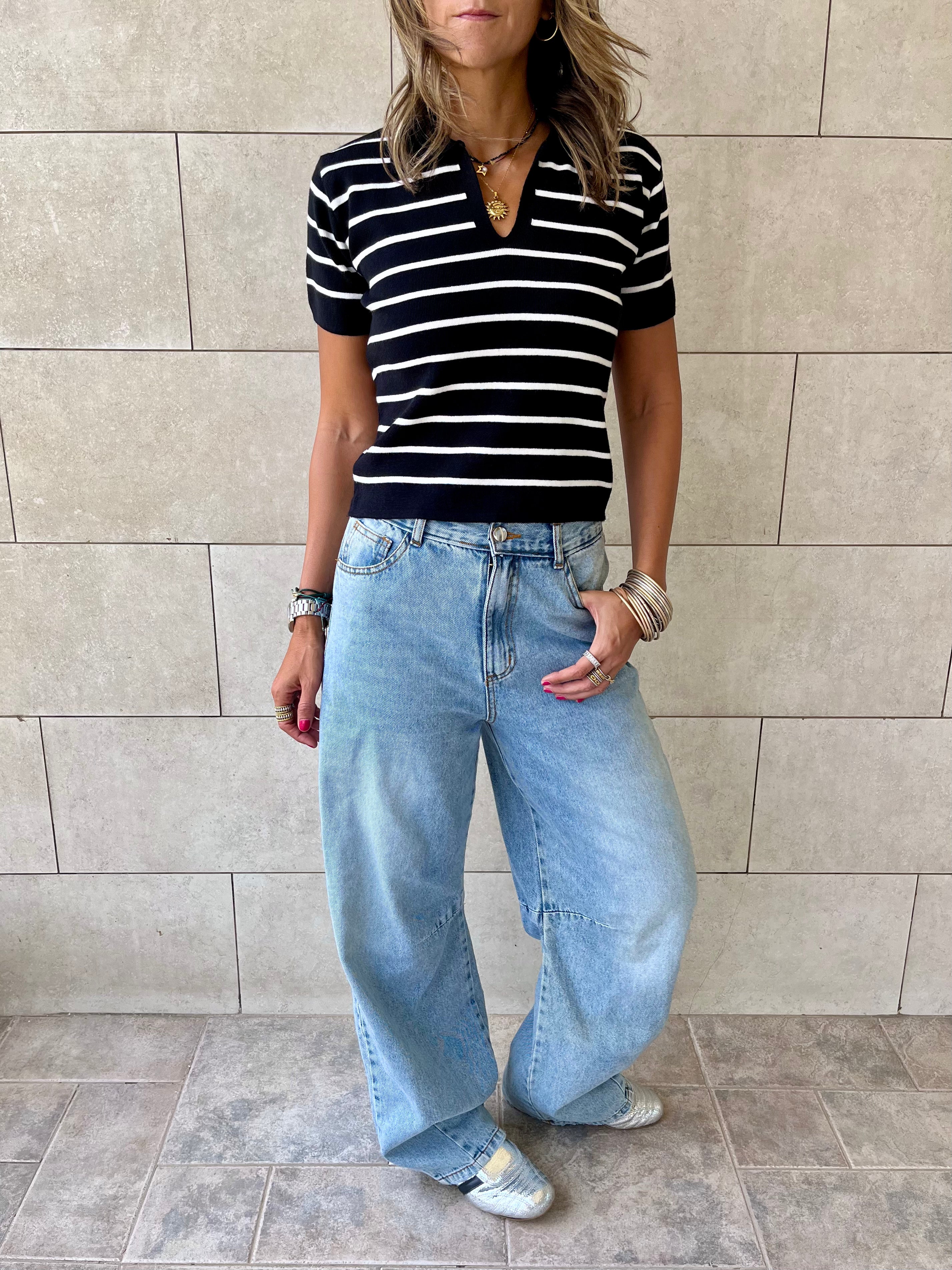 Black Striped Cropped Polo