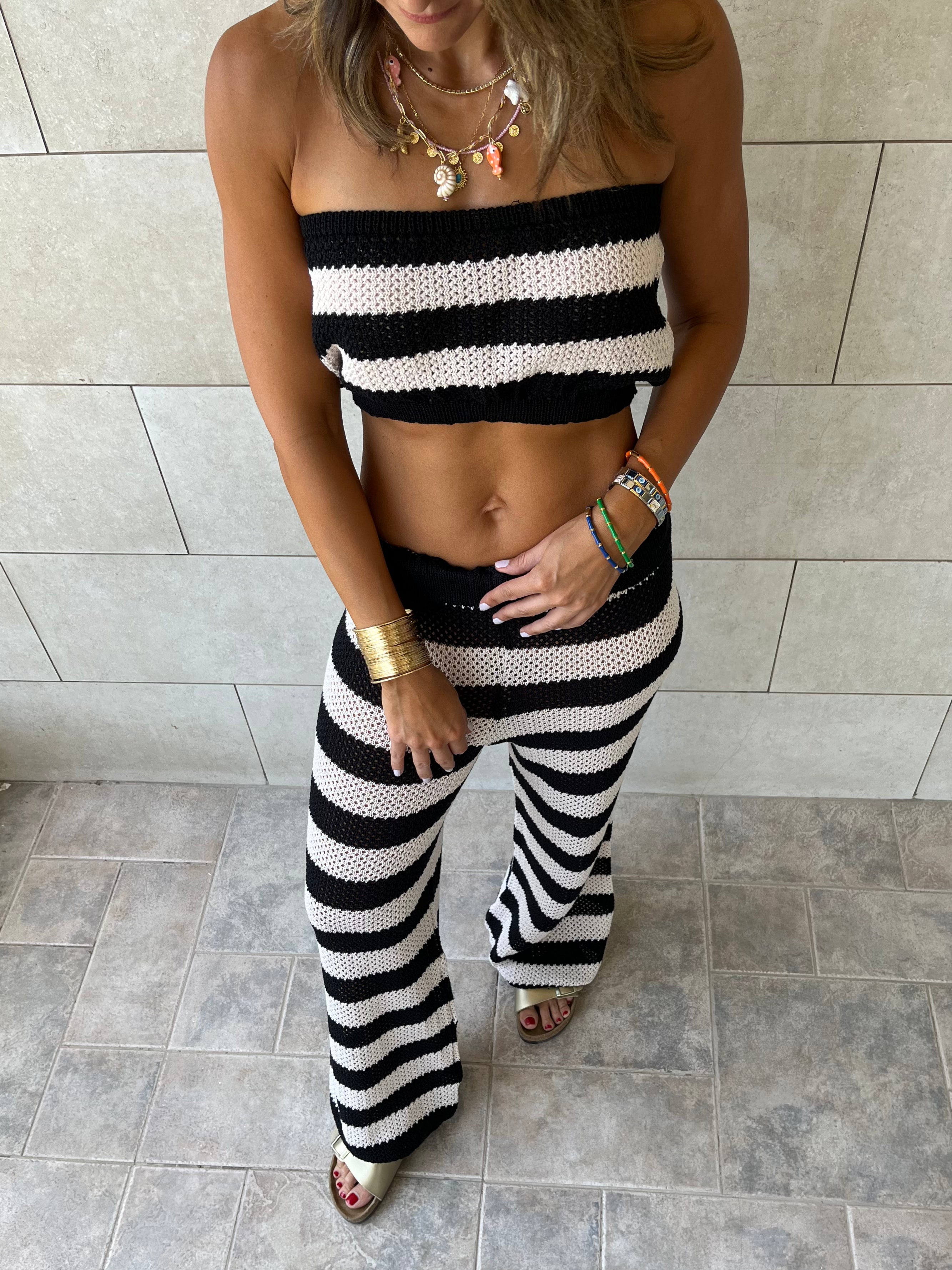 Black Striped Crochet Pants Set