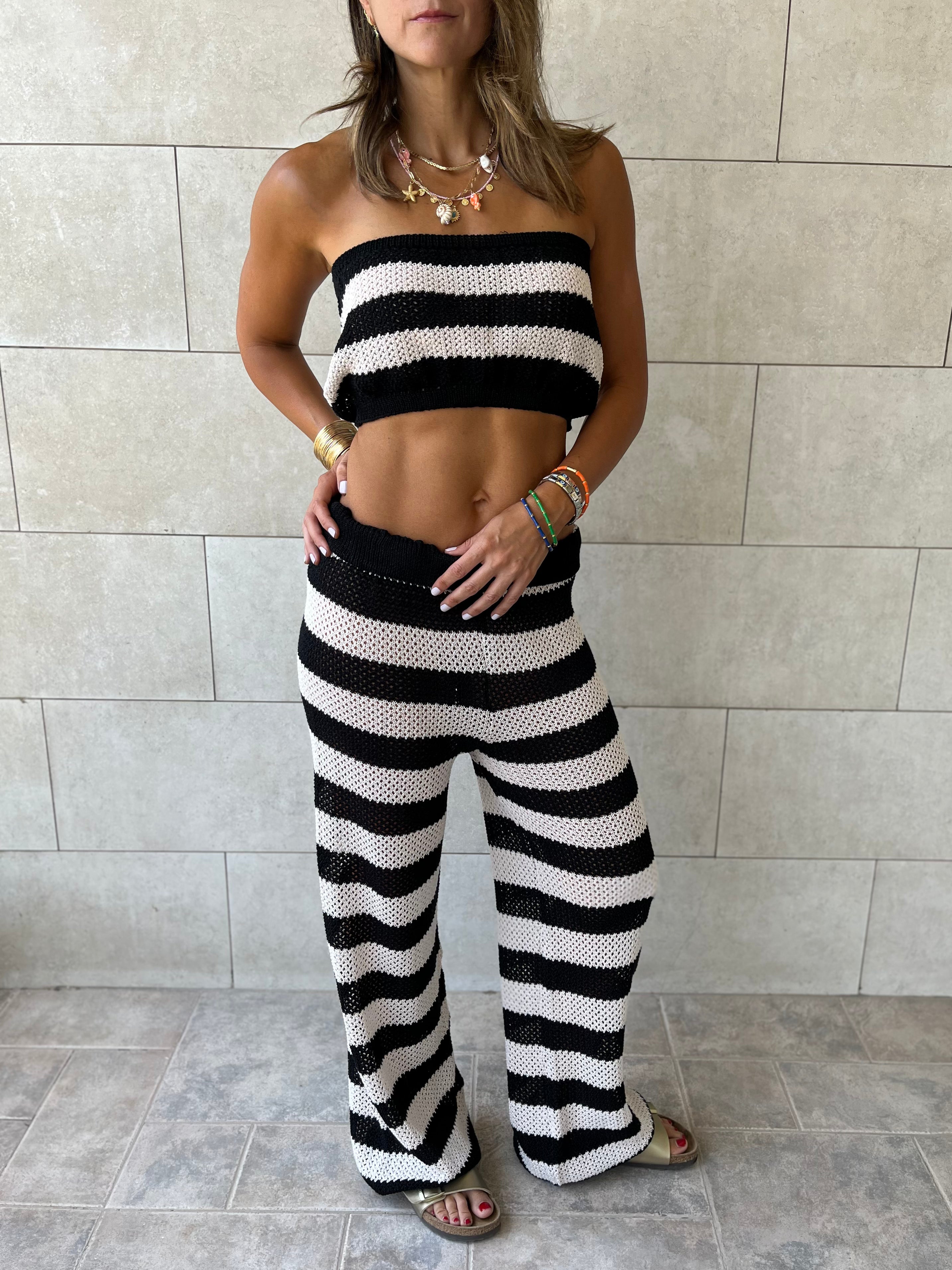 Black Striped Crochet Pants Set