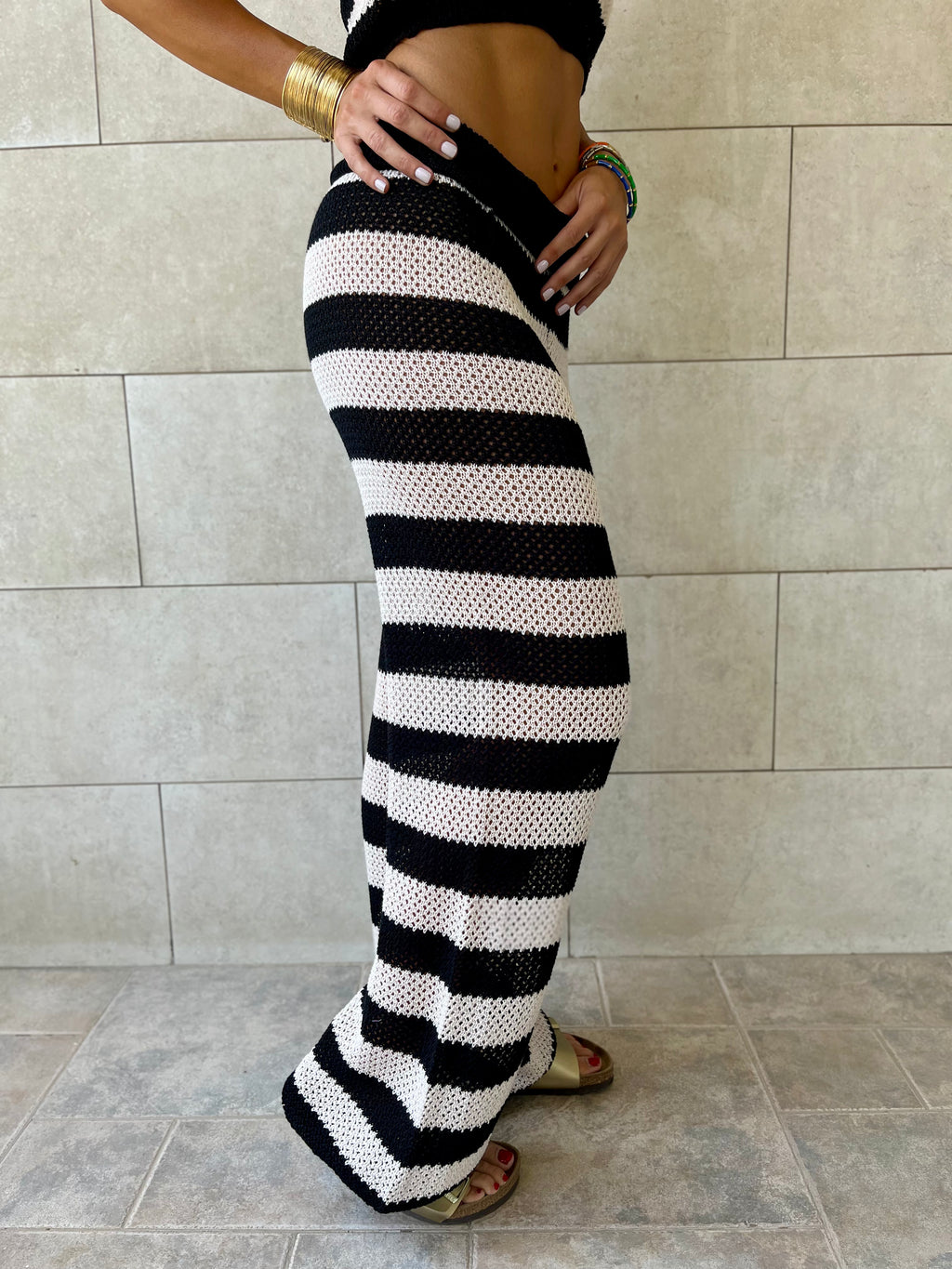 Black Striped Crochet Pants Set