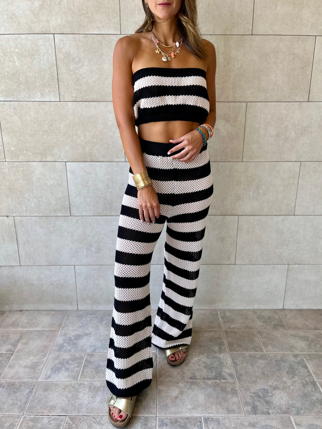 Black Striped Crochet Pants Set