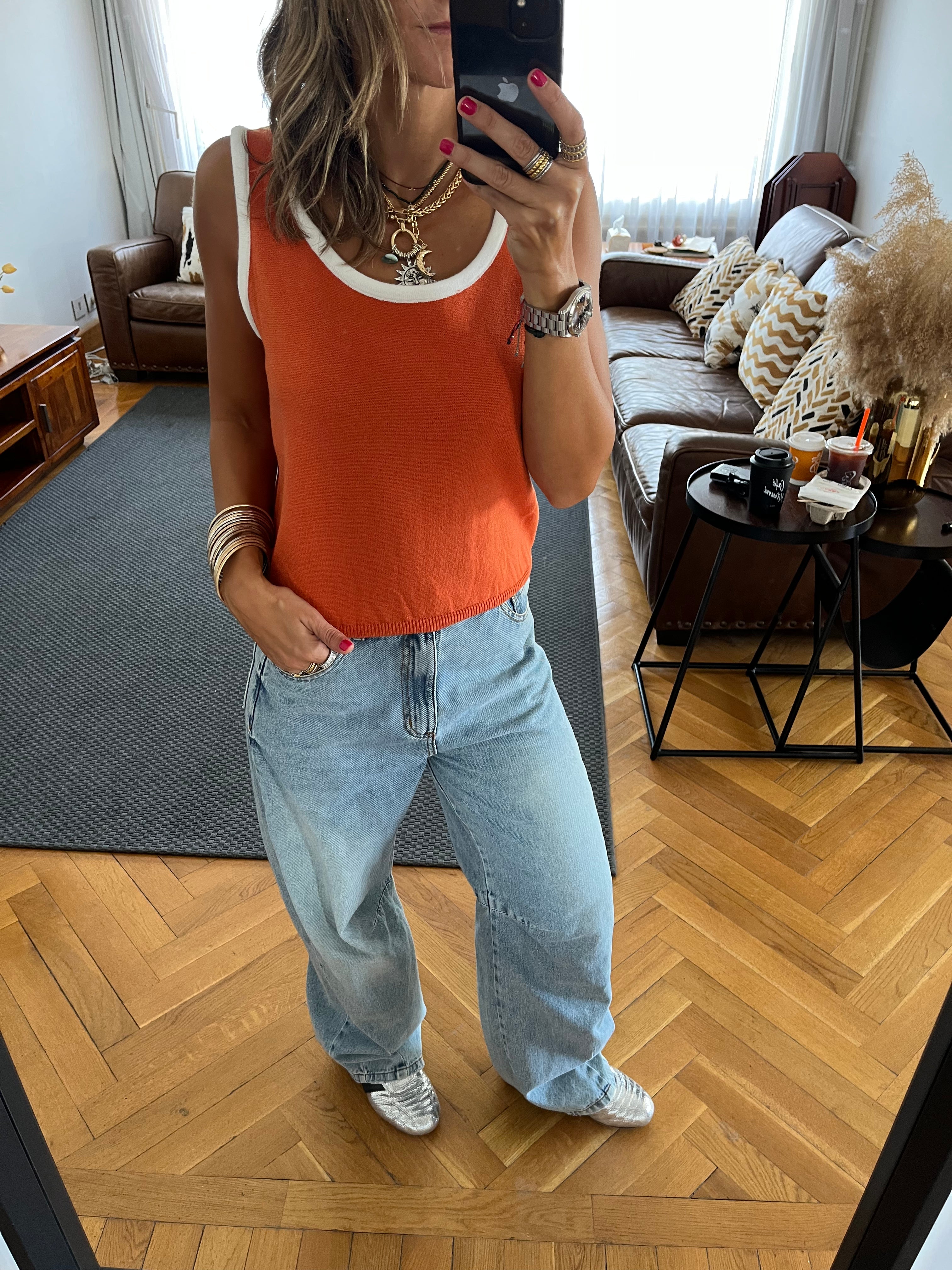Orange Sleeveless Knit Top