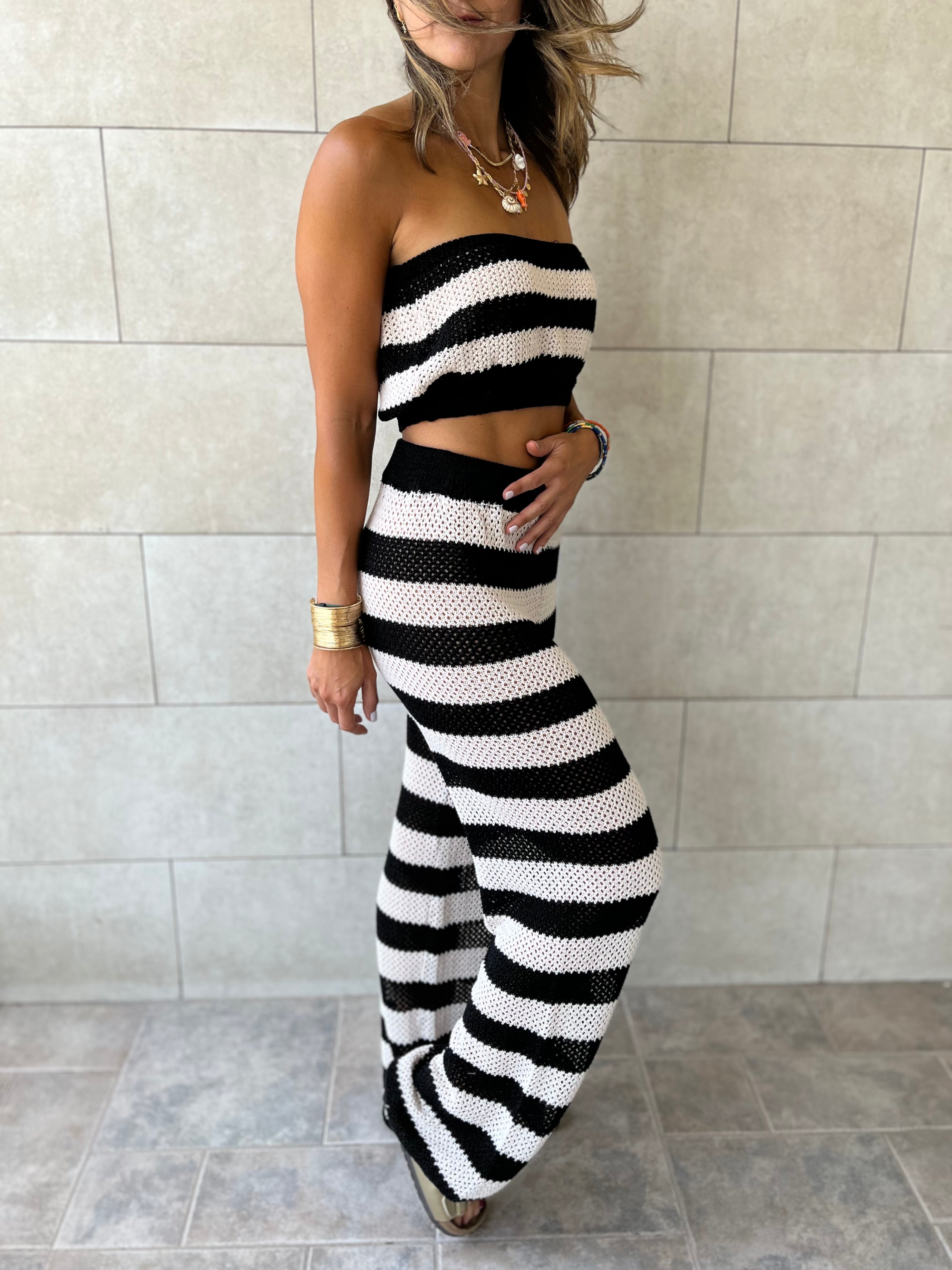 Black Striped Crochet Pants Set