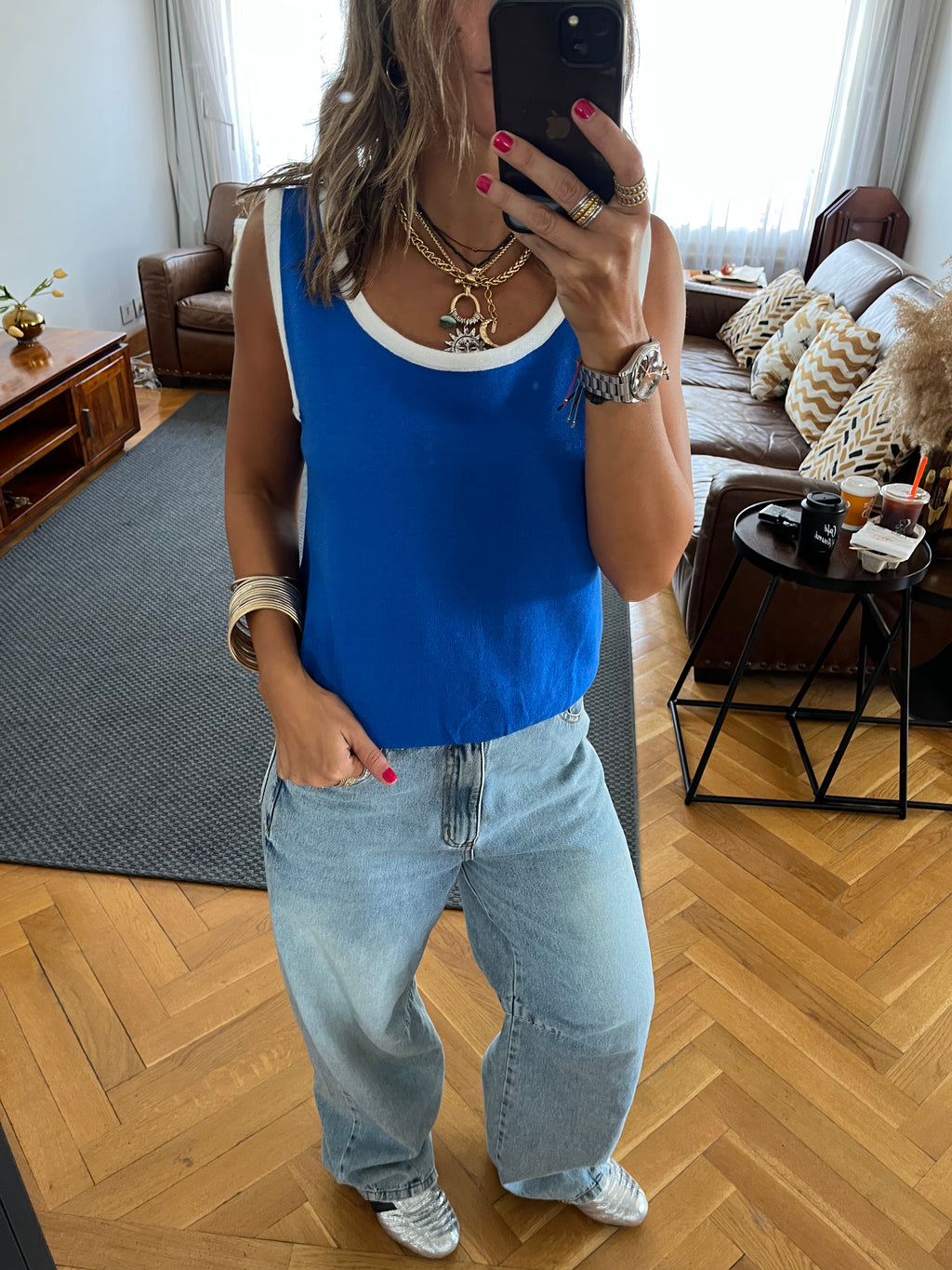 Blue Sleeveless Knit Top