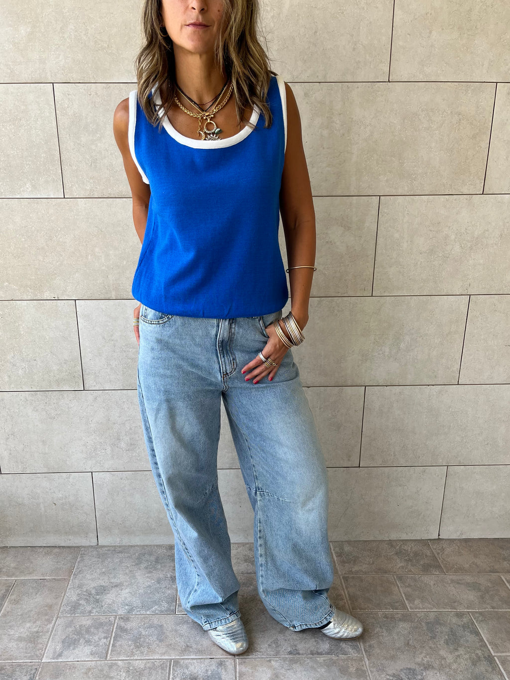 Blue Sleeveless Knit Top