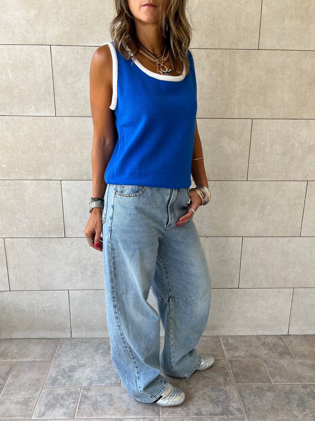Blue Sleeveless Knit Top