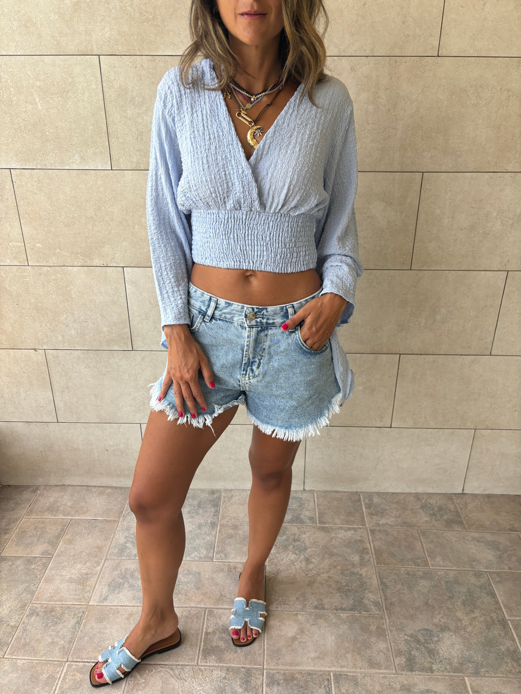 Baby Blue Crinkle Flare Top